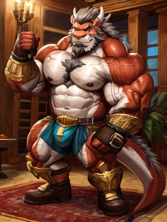 A burly, virile, and hairy dragon, exuding the irresistible charm of a himbo muscle daddy. His middle-aged features, adorned by a long, bushy beard and a thick mustache, reveal a life of experience and adventure. His body, sculpted into a warrior's build and a bodybuilder's physique, is a testament to his unyielding dedication to physical fitness. The hair on his chest and belly forms a carpet of thick fur, while his hairy arms and legs are adorned with a natural, untamed layer of hirsute. Every muscle on his overmuscular and musclebound frame is defined and bulging, veins pulsing beneath the surface, hinting at his incredible strength. Despite his advanced age, his grey hair only adds to his handsome and dreamy appearance.