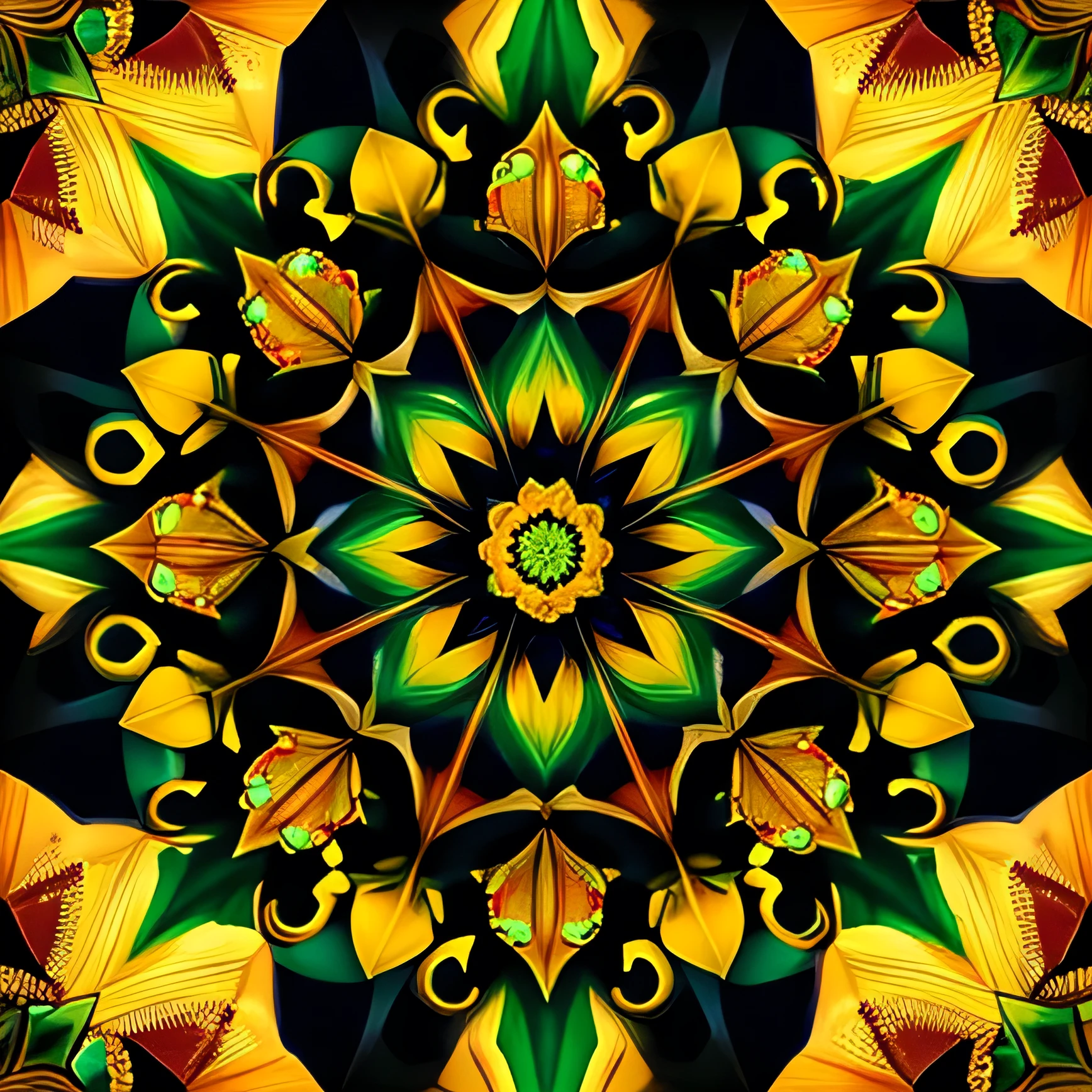 A beautiful mandala that is starting from a eight pointed star in the center, growing in forest green leaves and orange flecked with yellow light, like the crown of a tree, shining bright, growing in symmetrical designs and arabesques, adorned with flowers, digital art, masterpiece, highly detailed, 3d modelling, 4k resolution, abstract art, oriental art, digital art, photographic