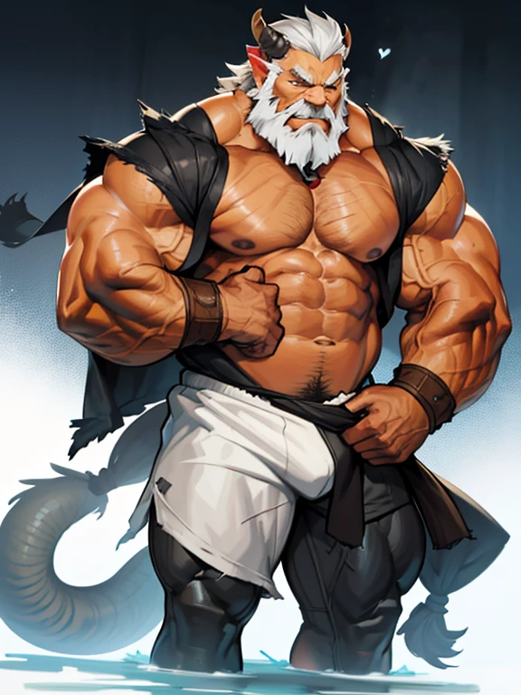 A burly, virile, and hairy dragon, exuding the irresistible charm of a himbo muscle daddy. His middle-aged features, adorned by a long, bushy beard and a thick mustache, reveal a life of experience and adventure. His body, sculpted into a warrior's build and a bodybuilder's physique, is a testament to his unyielding dedication to physical fitness. The hair on his chest and belly forms a carpet of thick fur, while his hairy arms and legs are adorned with a natural, untamed layer of hirsute. Every muscle on his overmuscular and musclebound frame is defined and bulging, veins pulsing beneath the surface, hinting at his incredible strength. Despite his advanced age, his grey hair only adds to his handsome and dreamy appearance.