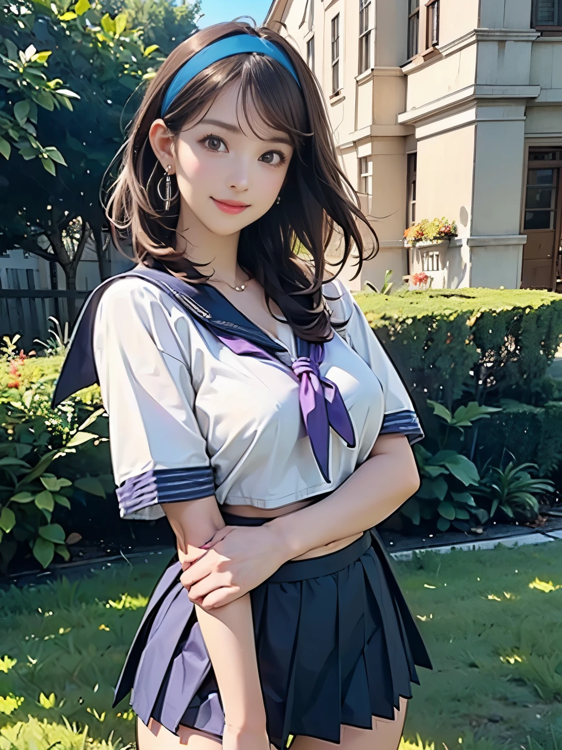 ((((highest quality))))、(((Ultra-precision CG16K wallpaper)))、(((masterpiece)))、(((Super detailed)))、(((Extreme detail)))、((1Mature 29 year old devilish woman:1.6))、((Very beautiful Japanese faces))、((Zuo々Nozomi:1.8))、((Straight one-length short bob hair、blunt bangs:1.3))、(Shiny brown hair:1.3)、Delicately drawn and beautiful face、Brown Eyes、eyeliner、Eyeshadow、High nose、Small nostrils、Small Mouth、Seductive lips、Beautiful breasts、((C cup size breasts))、Cleavage、Beautiful feet、eight-headed body、Perfect proportions、Perfect Anatomy、Perfect composition、Beautiful detailed shading、Beautiful, natural lighting、Beautiful detail glow、Depth of written boundary、(((High chroma)))、(((Real:1.9)))、((vivid:1.5))、((Beautiful Skin))、((Skin Texture))、((Realな皮膚感))、(((Cowboy Shot:1.6)))、((front view、shoot from front、Front low angle:1.6))、(((smile:1.6)))、((The woman is looking at this、looking at viewer:1.6))、Bright daylight、Natural light、(((Grass Square:1.5)))、(Gravure idol standing pose:1.6)、(((High school girl sailor uniform&Navy blue pleated mini skirt:1.6)))、((hair band、necklace、Wearing earrings:1.5))、((Knee-high socks))、