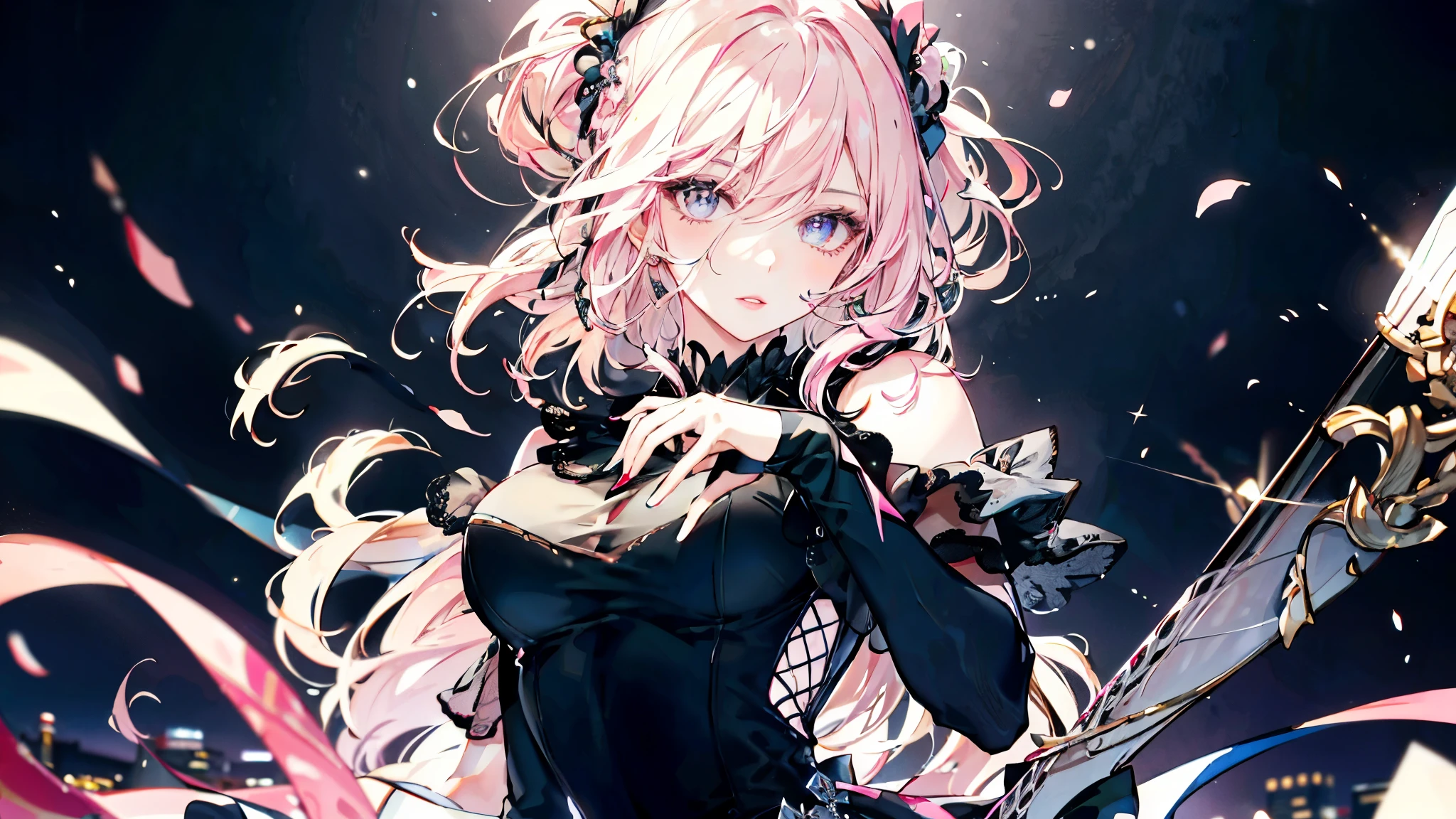detailed depiction of the face,1 female,mature woman,Black Dress Long Dress,(pink white long hair),dark night background,prom, perfect face, perfect hands, perfect fingers, perfect lips, perfect eyes, perfect background