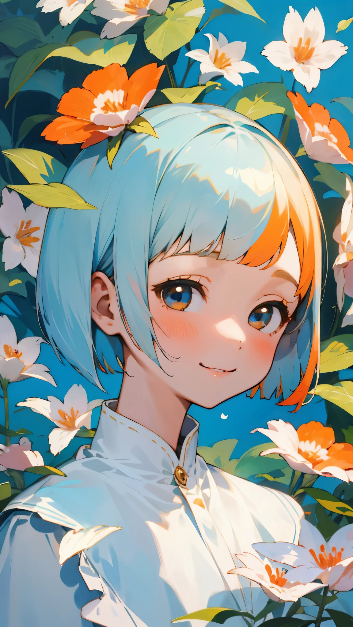 (highest quality,masterpiece,Surreal),Beautiful and delicate girl portrait,Playful and cute,Background Petals fluttering,Light blue hair、Bobcut、Orange hair ornament、Dark Eyes、smile、