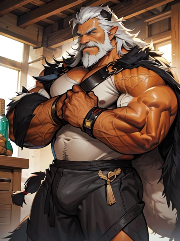 A burly, virile, and hairy dragon, exuding the irresistible charm of a himbo muscle daddy. His middle-aged features, adorned by a long, bushy beard and a thick mustache, reveal a life of experience and adventure. His body, sculpted into a warrior's build and a bodybuilder's physique, is a testament to his unyielding dedication to physical fitness. The hair on his chest and belly forms a carpet of thick fur, while his hairy arms and legs are adorned with a natural, untamed layer of hirsute. Every muscle on his overmuscular and musclebound frame is defined and bulging, veins pulsing beneath the surface, hinting at his incredible strength. Despite his advanced age, his grey hair only adds to his handsome and dreamy appearance.