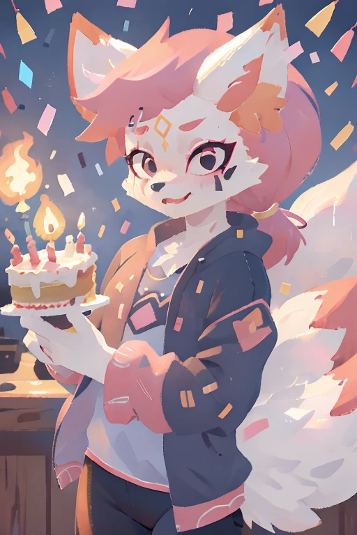 kimiko, furry female anthro, white body fur, Pink hair, multiple tails, solo, (best quality), anime style, short ponytail, scar on the eye, confetti everywhere, Holding the cake, one candle on cake, ordinary closed clothes, birthday 
