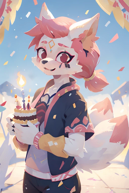 kimiko, furry female anthro, white body fur, Pink hair, multiple tails, solo, (best quality), anime style, short ponytail, scar on the eye, confetti everywhere, Holding the cake, one candle on cake, ordinary closed clothes, birthday 