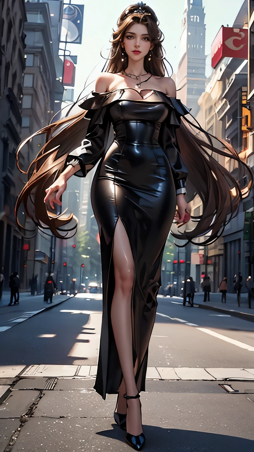 (woman standing on the streets of new york),(masterpiece, highest quality, Realistically, work, Very detailed, 8k), ((Wide-angle lens, Full body woman love)), 1 girl，light makeup，exquisite features，smile，exquisite crystal jewelry，heart shaped necklace，Crystal Headband，Light brown hair, Pompadour hairstyle, curl，Correct finger structure，Off-the-shoulder shiny black dress、Leather shoes，Long legs，Frontal standing posture ，Full body portrait，European castles are hazy