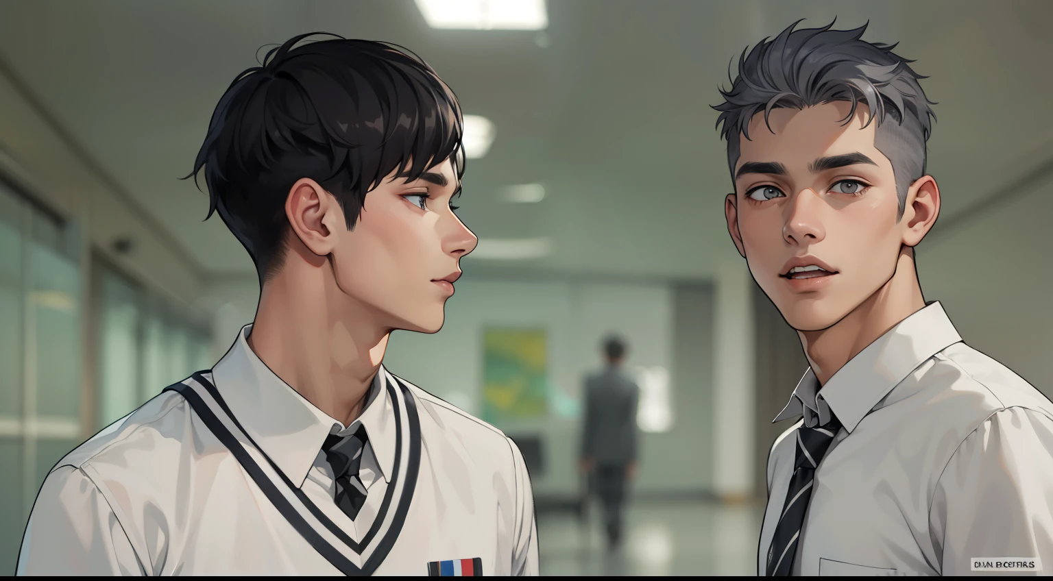 There are two men, they are brothers, 18 years old, gray hair and gray eyes. , estan pensativos el mira a alguien de encontrarse sonrrien
