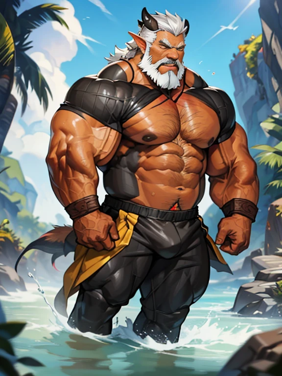 A burly, virile, and hairy dragon, exuding the irresistible charm of a himbo muscle daddy. His middle-aged features, adorned by a long, bushy beard and a thick mustache, reveal a life of experience and adventure. His body, sculpted into a warrior's build and a bodybuilder's physique, is a testament to his unyielding dedication to physical fitness. The hair on his chest and belly forms a carpet of thick fur, while his hairy arms and legs are adorned with a natural, untamed layer of hirsute. Every muscle on his overmuscular and musclebound frame is defined and bulging, veins pulsing beneath the surface, hinting at his incredible strength. Despite his advanced age, his grey hair only adds to his handsome and dreamy appearance.