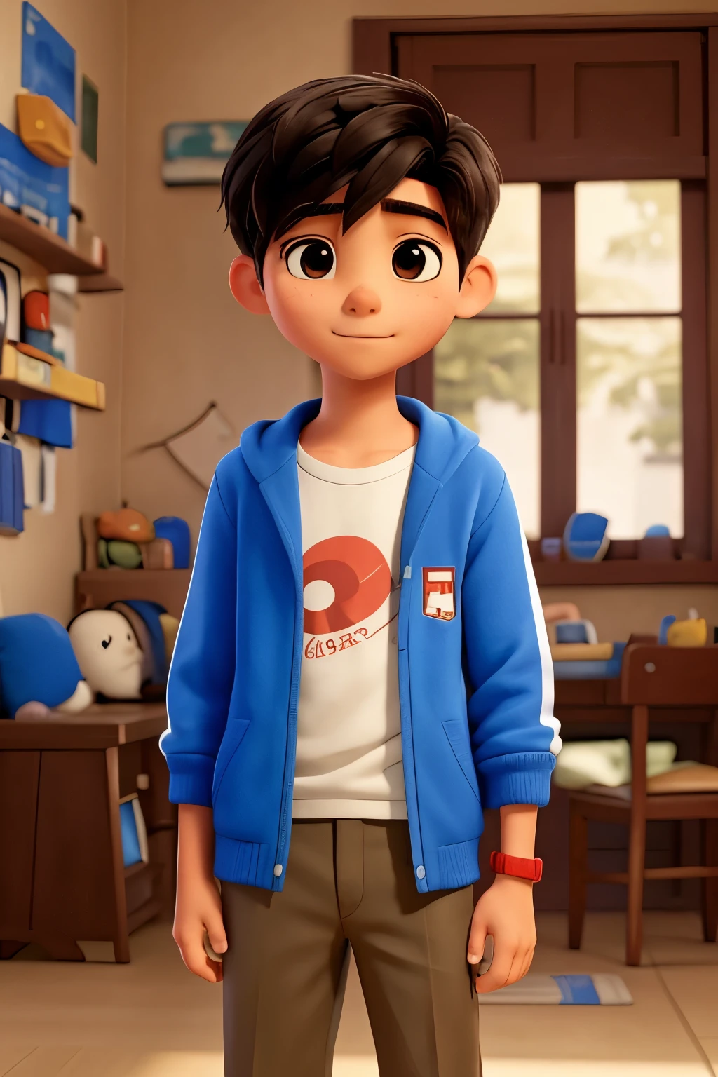 His name is mateo rivera Hiro mateo is a fourteen year old teenager with the perfect combination of his father Hiro's intelligence and Miguel's passion for music. mateo has his father's dark skin and expressive hazel eyes, his dark hair and curly hair falls unruly strands over his forehead his clothes are a sweater like his father Miguel's and the bottom part is like his father Hiro's