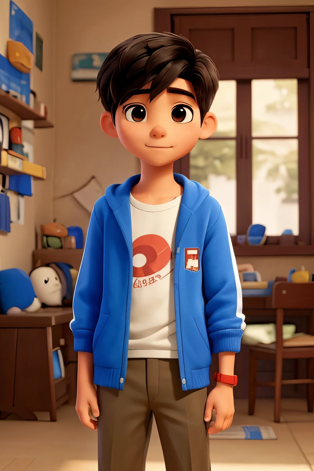 His name is mateo rivera Hiro mateo is a  with the perfect combination of his father Hiro&#39;s intelligence and Miguel&#39;s passion for music. mateo has his father&#39;s dark skin and expressive hazel eyes, his dark hair and curly hair falls unruly strands over his forehead his clothes are a sweater like his father Miguel&#39;s and the bottom part is like his father Hiro&#39;s