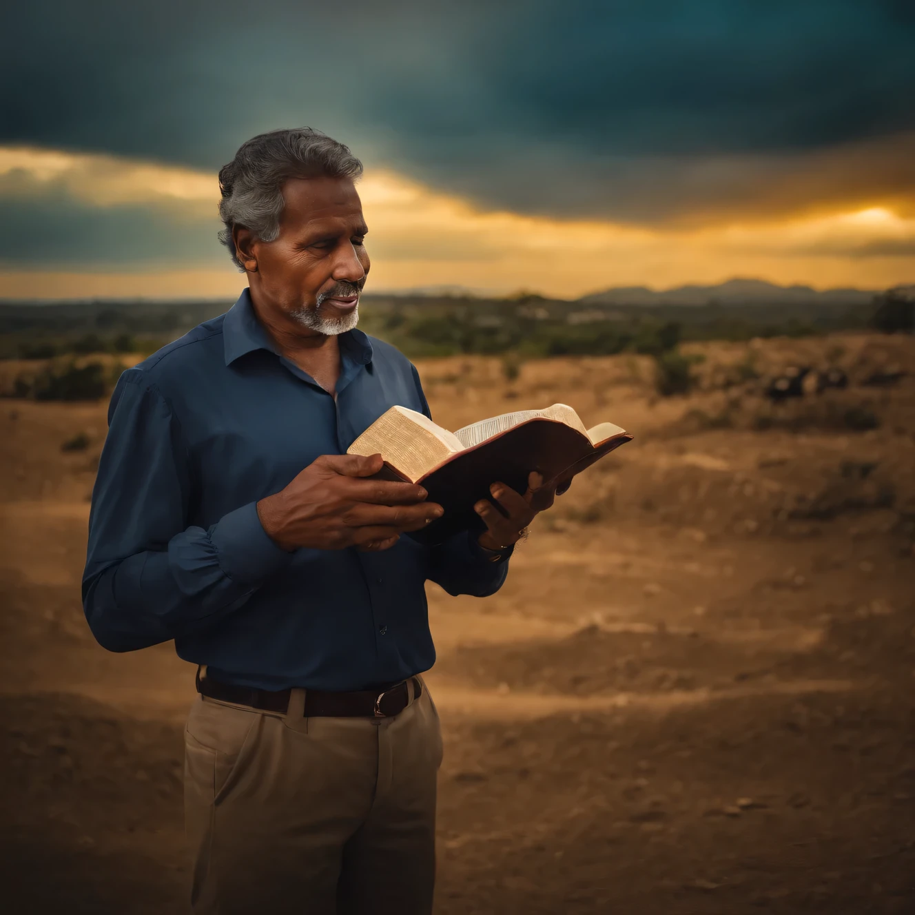 A man speaking with the Bible in his hand, in a square, e muita pessoas olhando para ele