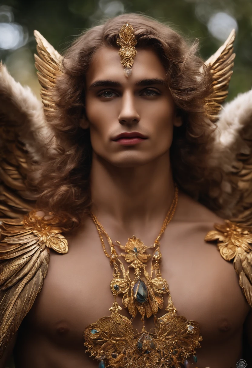 Homem romano realista beleza masculina nariz fino labios carnudos queixo qyadrado diamante. With angel wings on golden heads