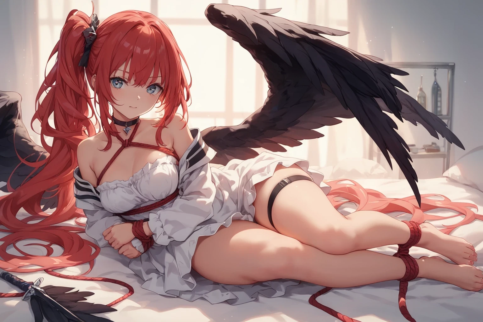 score_9, score_8_up, score_7_up, BREAK,
cowboy shot, (black wings:1.2), very long hair, side ponytail, choker, holding, off shoulder, (white dress:1.3), white jacket,on side,hand in own hair,messy hair,red rope, bandage,thigh strap, bound breasts, bound wrists, bound arms, bound legs, bound ankles, bound torso, bound thighs, bound knees, bound toes,