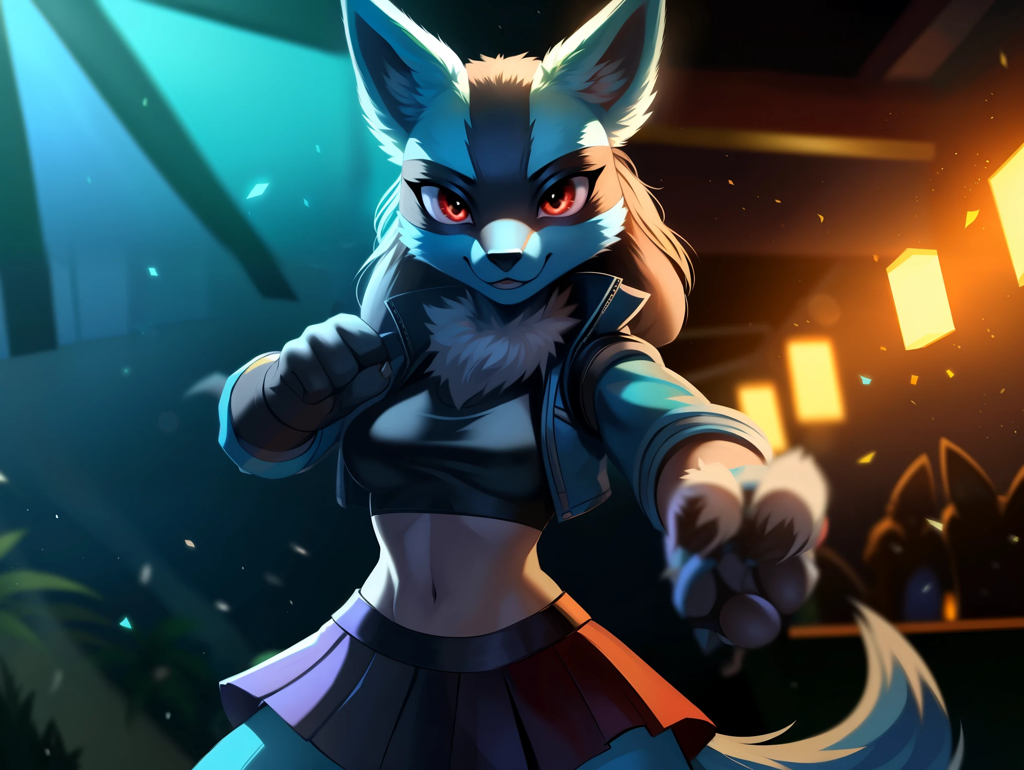 ((lucario)), ((solo)) wolf, blue fur, spikes, breasts, black crop top, ((blue open jacket)), skirt, dynamic pose, looking at viewer, potted plants, decorations, standing, up close, inside, nightclub, rave, lens flare, Very good figure, best quality, highres, 16k, Natural soft light, Tyndall effect, Advanced film lighting, Unreal Engine5, Extremely realistic, A high resolution, perfect masterpiece, high quality, high resolution