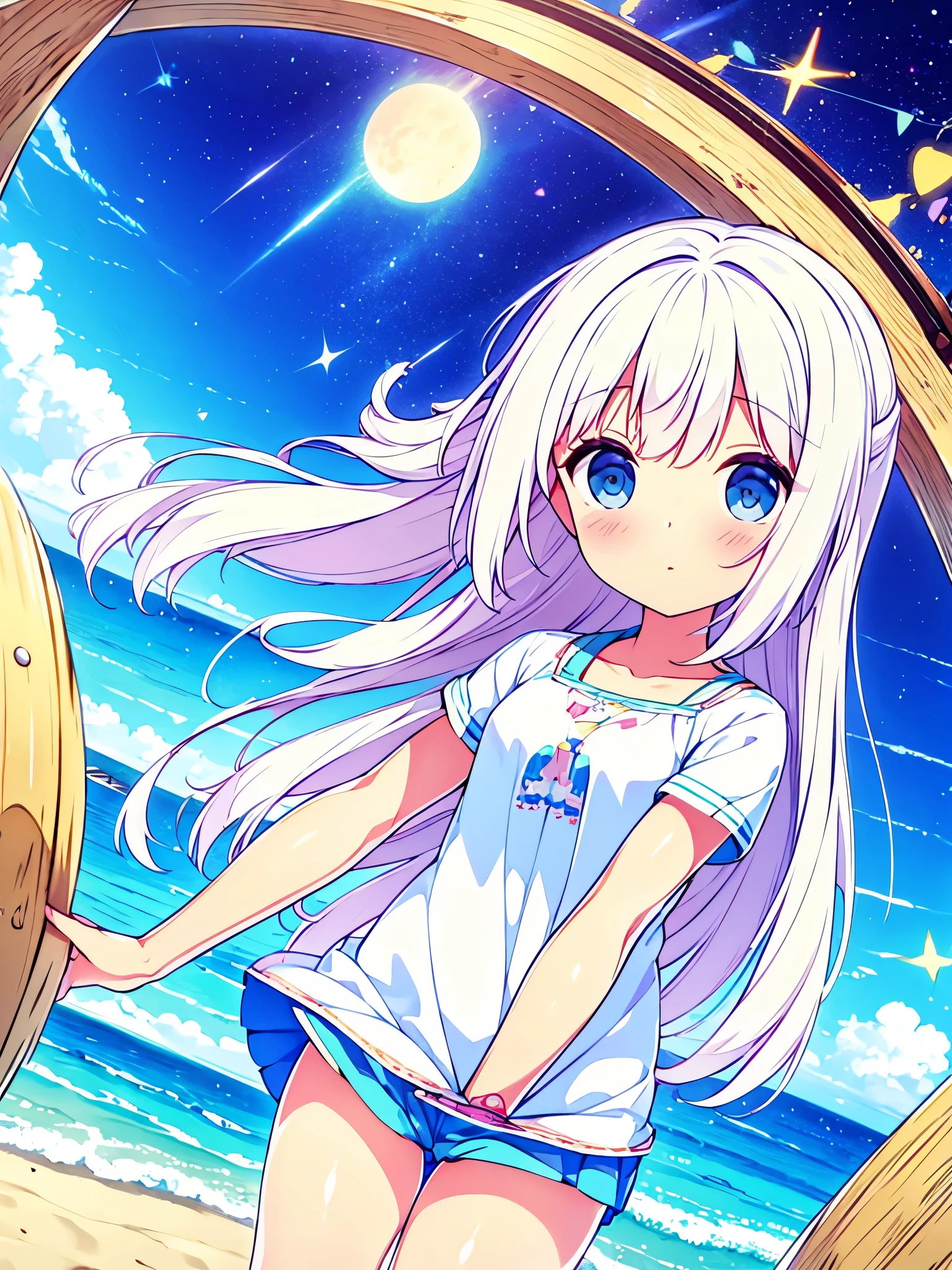 Una linda camisa blanca que la deja ver. 、Falda de vuelo celeste con volantes、Se levanta la falda con ambas manos para lucir su linda ropa interior blanca.、Linda ropa interior blanca visible cuando se levanta la falda.、Playa de arena, Mar hermoso, noche y cielo estrellado