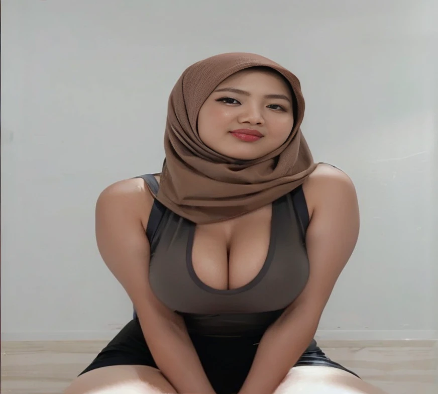 Half body portrait of a 33 years old malay woman sit in front of giant mirror, wearing hijab, wearing yellow mustard leotard with satin green slack, narrow waist, indoor shot, looking up at coffee shop sign, soft lighting, smirk face, circle bokeh , big breast, catwalk, morningtime, surrounded by a comfortable, cool atmosphere, looking at the viewer. (Skin details:1.3), hairy hands, Hijab, slim, red lips, seductive with bokeh camera background