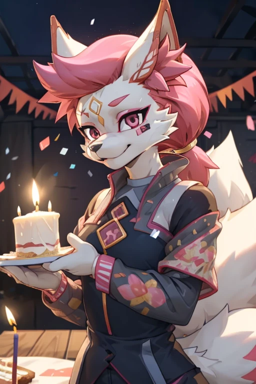 kimiko, furry female anthro, white body fur, Pink hair, multiple tails, solo, (best quality), anime style, short ponytail, scar on the eye, confetti everywhere, Holding the cake, one candle on cake, ordinary closed clothes, birthday, facing the viewer, detailed background, best quality, ultra detail, good lighting, solo, high quality, masterpiece, detailed body fur, best quality, perfect hair