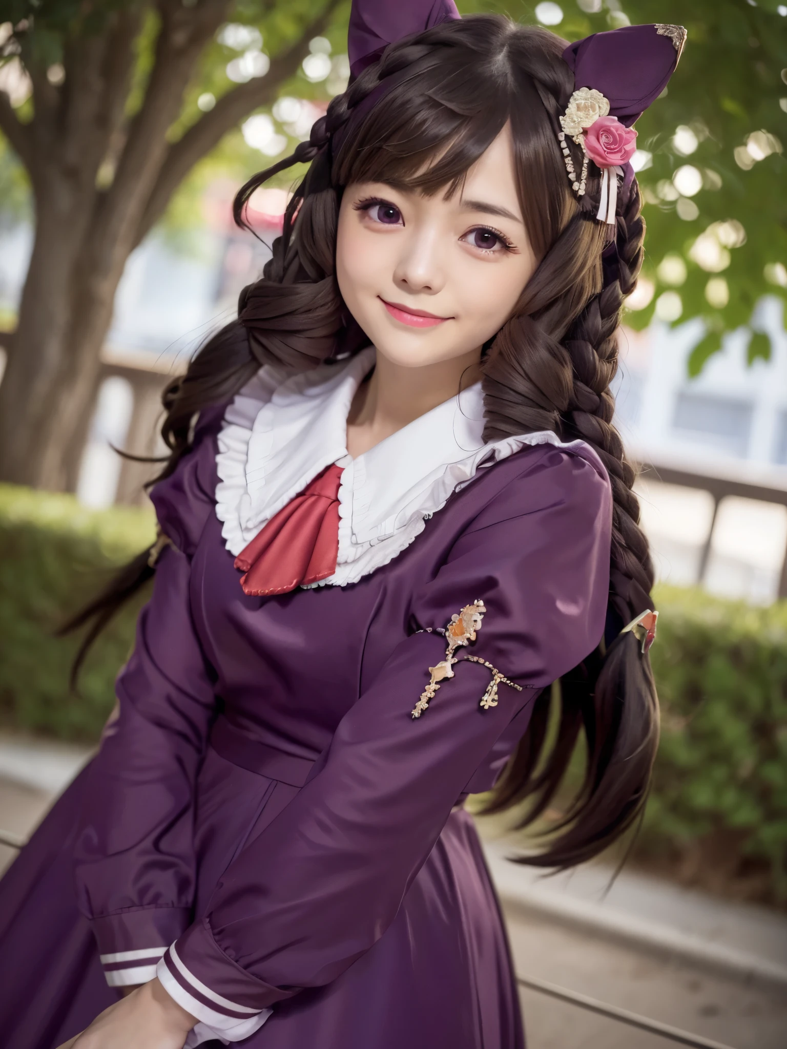 Daiichi Ruby, 1 girl, Solo, Best Quality, Ultra-detailed, 8K, High resolution, Detailed face, gentle smile, happy, purple dress, long sleeves, puffy sleeves, white pantyhose,