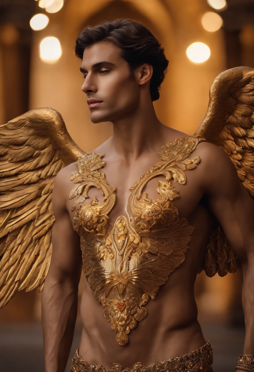 Homem romano realista beleza masculina nariz fino labios carnudos queixo qyadrado diamante. With angel wings on golden heads. Full body with crotch penis
