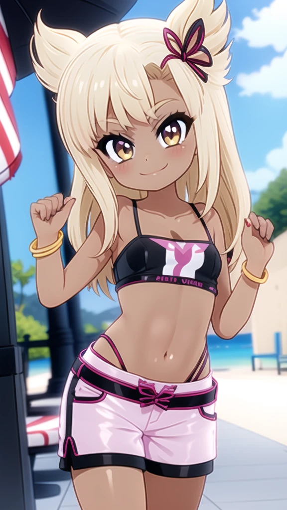 By mantis-x, (gyaru), young girl, tight small hotpants, small breasts, playful smile, blonde hair, ((tanned skin)), solo, midriff, tube top,