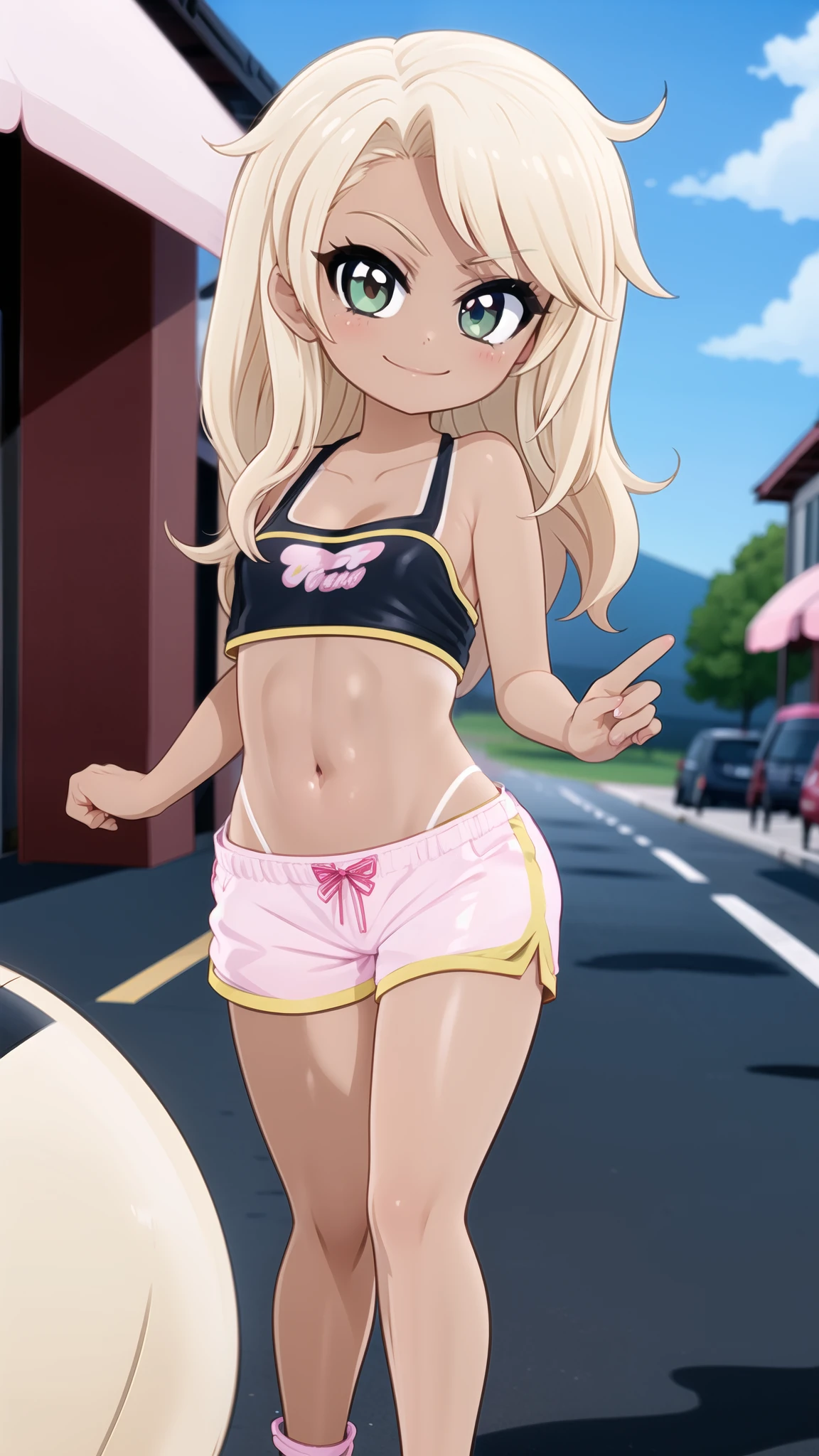 By mantis-x, (gyaru), young girl, tight small hotpants, small breasts, playful smile, blonde hair, ((tanned skin)), solo, midriff, tube top,