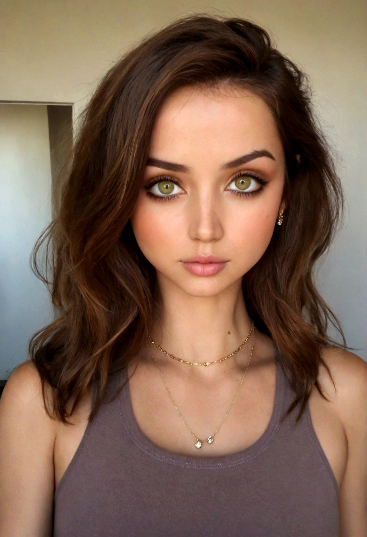 cropped woman with white tank top and necklace, fille sexy aux yeux verts, Portrait de Sophie Mudd, cheveux bruns et grands yeux, selfie d&#39;une jeune femme, Yeux de chambre, violette myers, sans maquillage, maquillage naturel, regarder directement la caméra, visage avec artgram, maquillage subtil, stunning Tout le corps shot, yeux verts perçants, bel angle, pose attrayante, Jolie fille, pose sexy, Tout le corps picture, Tout le corps, Tout le corps shoot, Brown Goddess, high detail, pose satisfaite, wearing grey Jupe and bottes, Jupe, bottes