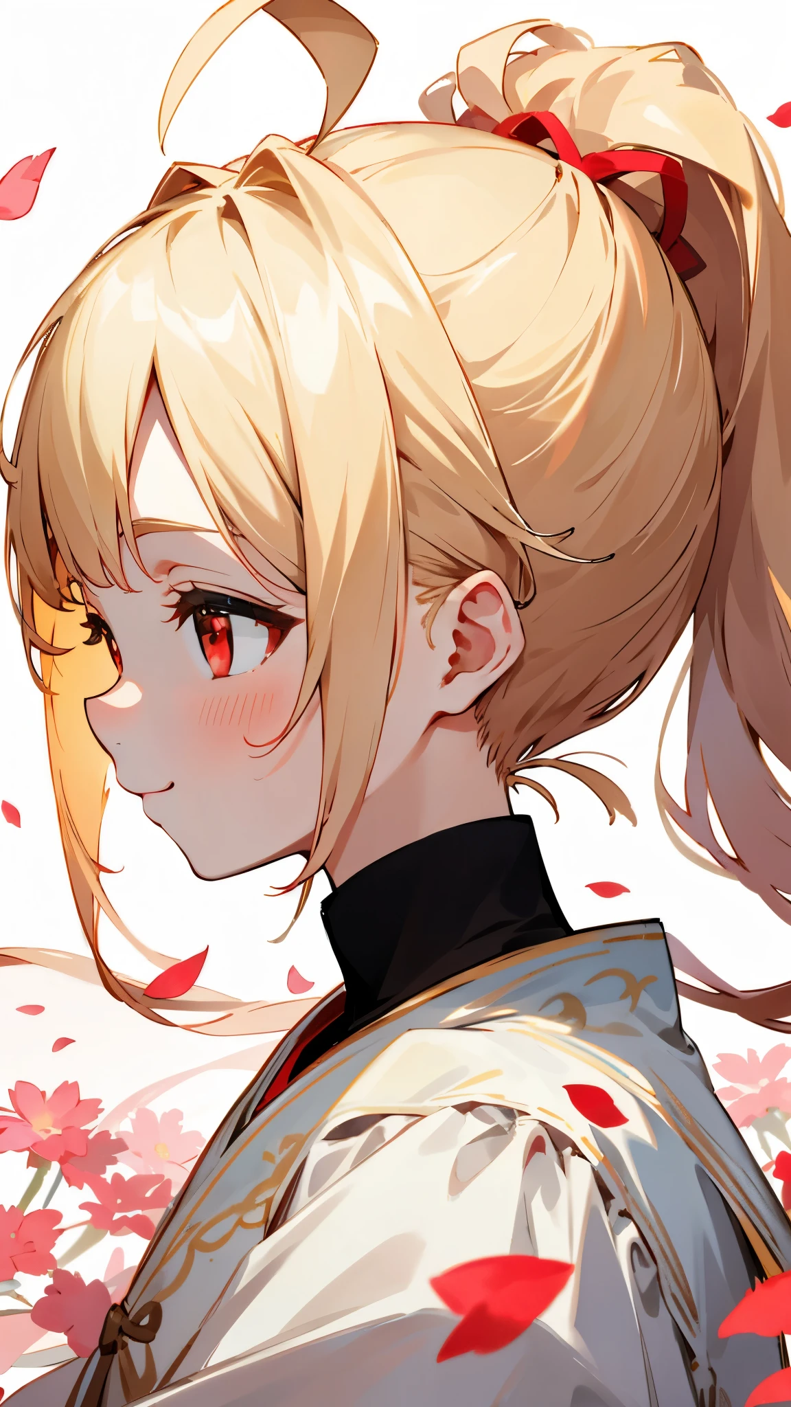 (highest quality,masterpiece,Surreal),Blonde ponytail、Ahoge、Beautiful red eyes、smile、profile、Beautiful and delicate girl portrait,Playful and cute,Background Petals fluttering,