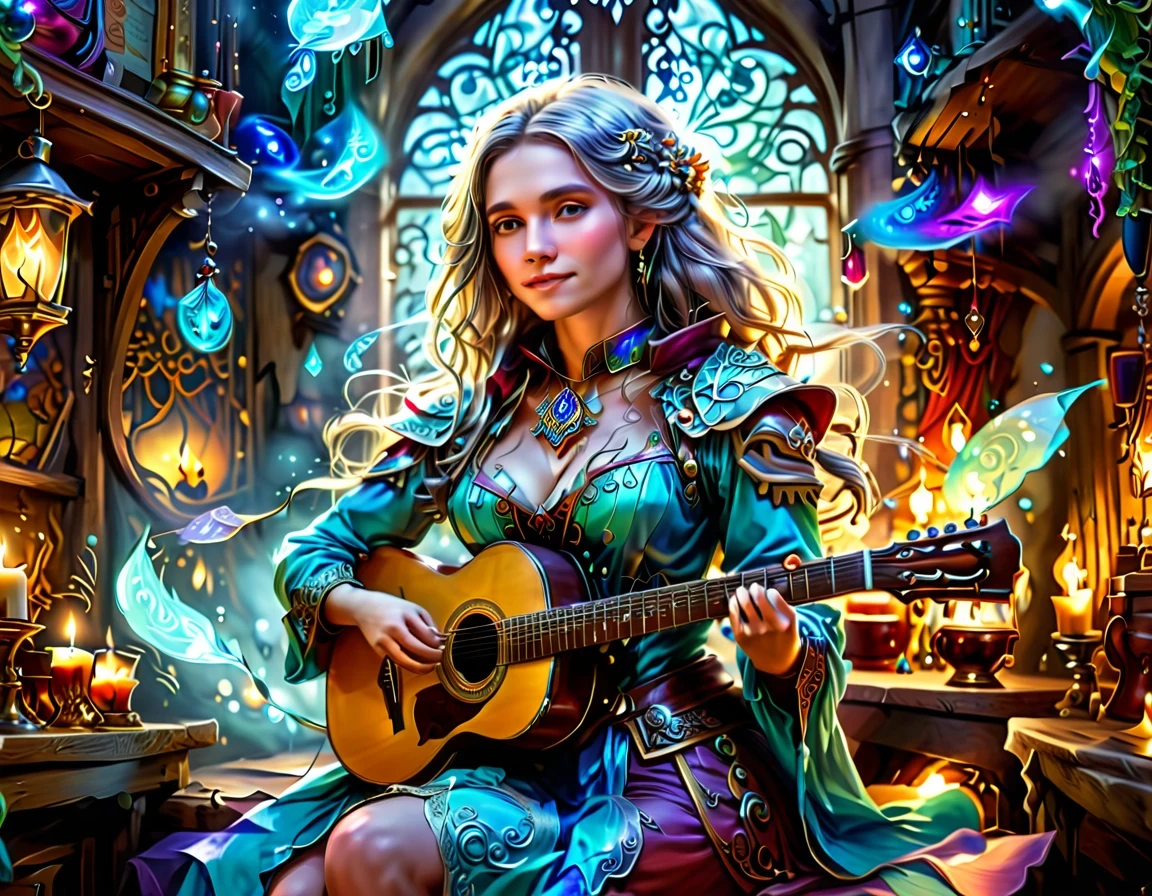 high details, best quality, 16k, [ultra detailed], masterpiece, best quality, (extremely detailed), full body, ultra wide shot, photorealistic, RAW, fantasy art, dnd art, fantasy art, realistic art,  an ultra wide, full body, a picture  of a human female  (intricate details, Masterpiece, best quality: 1.5) fantasy bard, fantasy enchanter,  playing a (guitar: 1.5)  and enchanting people in a tavern with magical song, colorful clothes, dynamic clothing, epic beautiful female human ((anatomically correct)) bard (intricate details, Masterpiece, best quality: 1.5), dynamic hair, tavern full of crowd, many people intricate details, Masterpiece, best quality: 1.3), bard playing guitar and enchanting audience (intricate details, Masterpiece, best quality: 1.5), candles light, fantasy chandelier, magical notes, magical runes in the air (intricate details, Masterpiece, best quality: 1.5),Cinematic Hollywood Film style, GlowingRunesAI_paleblue