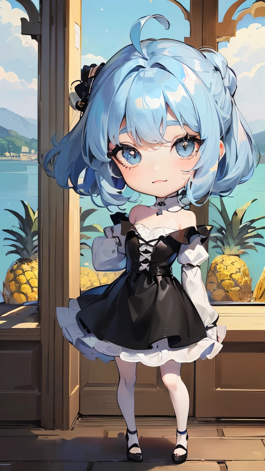 ((style:Colored pencil,pale colour)),(Chibi animation、masterpiece、Colored pencilで描かれた:1.2)、(Chibi Body、Small face、Cute all over、Light blue hair color, Short chignon hair:1.4),(eye shadow, Eyeliner:1.2),(Highly detailed eyes、Light blue eyes、The space between the eyes is narrow、Soft breast swelling、Gloss Lip、Very sharp outline、 :3, Ahoge, Symbol-shaped pupil、Very thin legs)、(Big fresh pineapple:1.4)、(Noble Pride、Black and white gorgeous dress:1.5),(Beautiful scenery of medieval Europe、Lake view from large window、The wind is blowing、Late-night scene、Hotel-like room:1.3)