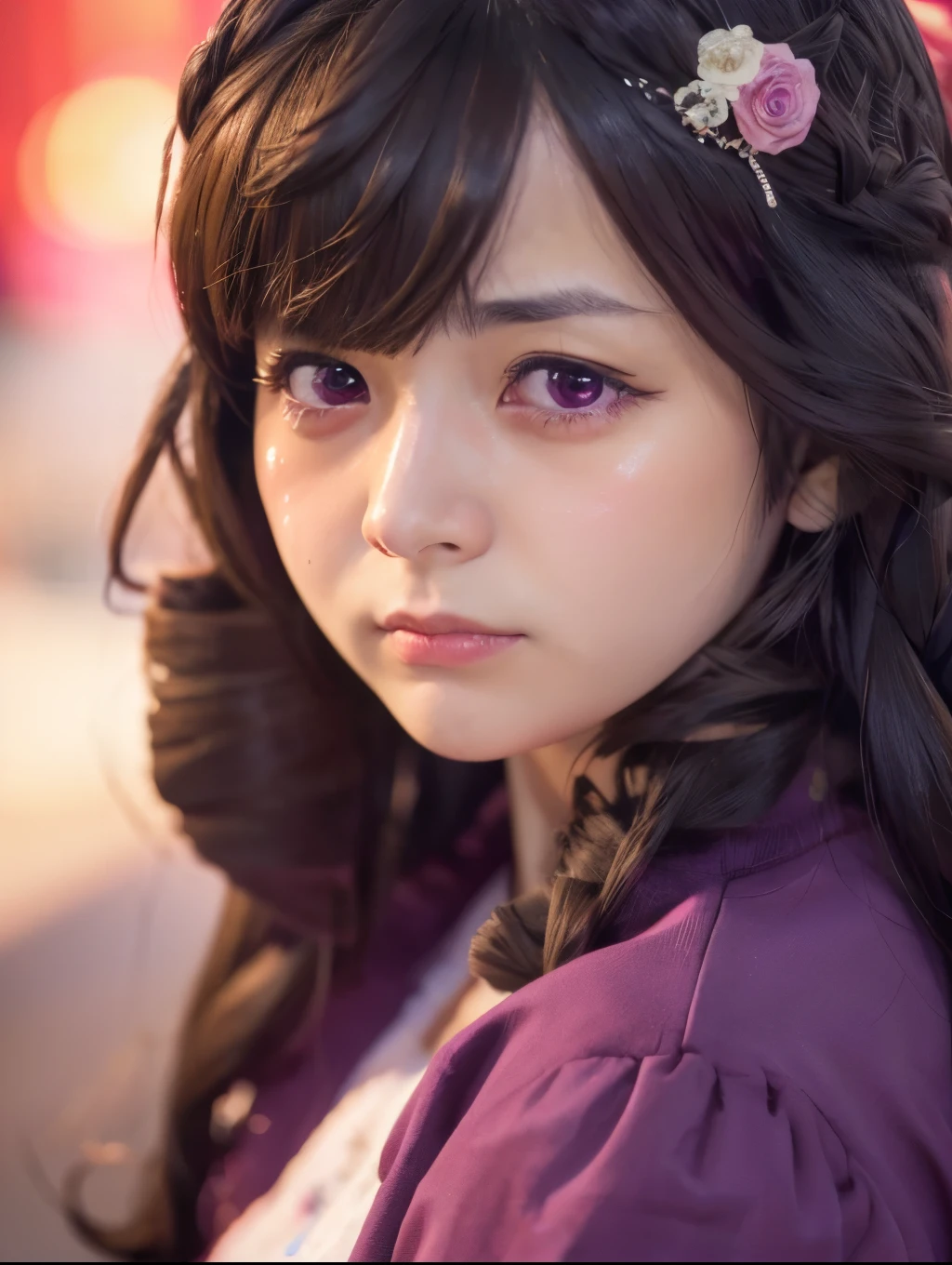 Daiichi Ruby, 1 girl, Solo, Cute Girl, Best Quality, Ultra-detailed, 8K, High resolution, Detailed face, (((portrait, face focus))), anguish, painful, serious, sad, tears, purple dress, long sleeves, puffy sleeves,