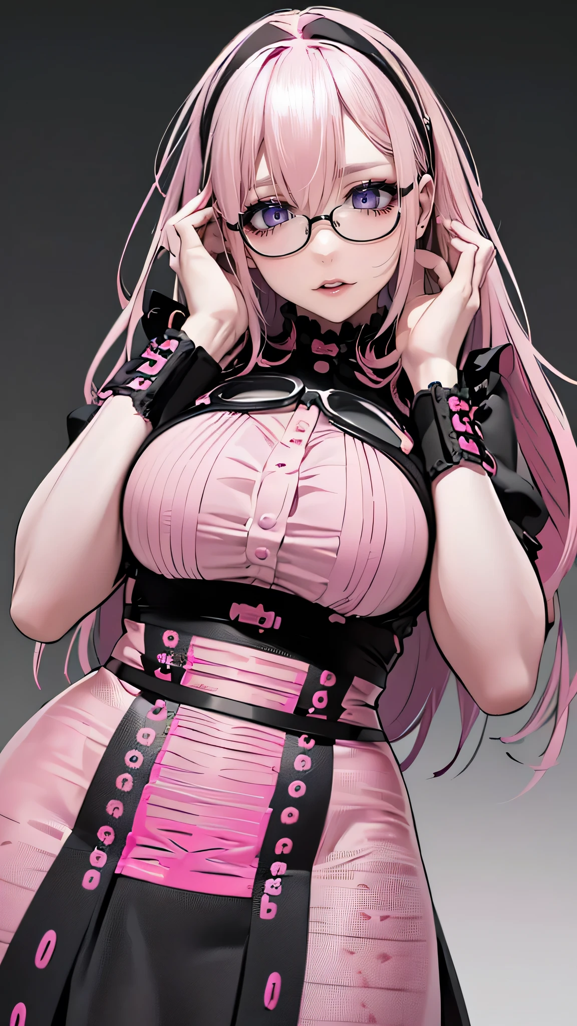 from below, random pose, (Thin type:1.8),(large breasts),(wearing glasses:1.5),(half color hair black and pink:1.5),(random hairstyle),(Highest image quality, (8K), Ultra-realistic, Best Quality, High quality, High Definition, high quality texture, high detailing, Beautiful detailed, fine detailed, extremely details CG, Detailed texture, realistic representation of face, masterpiece, presence)