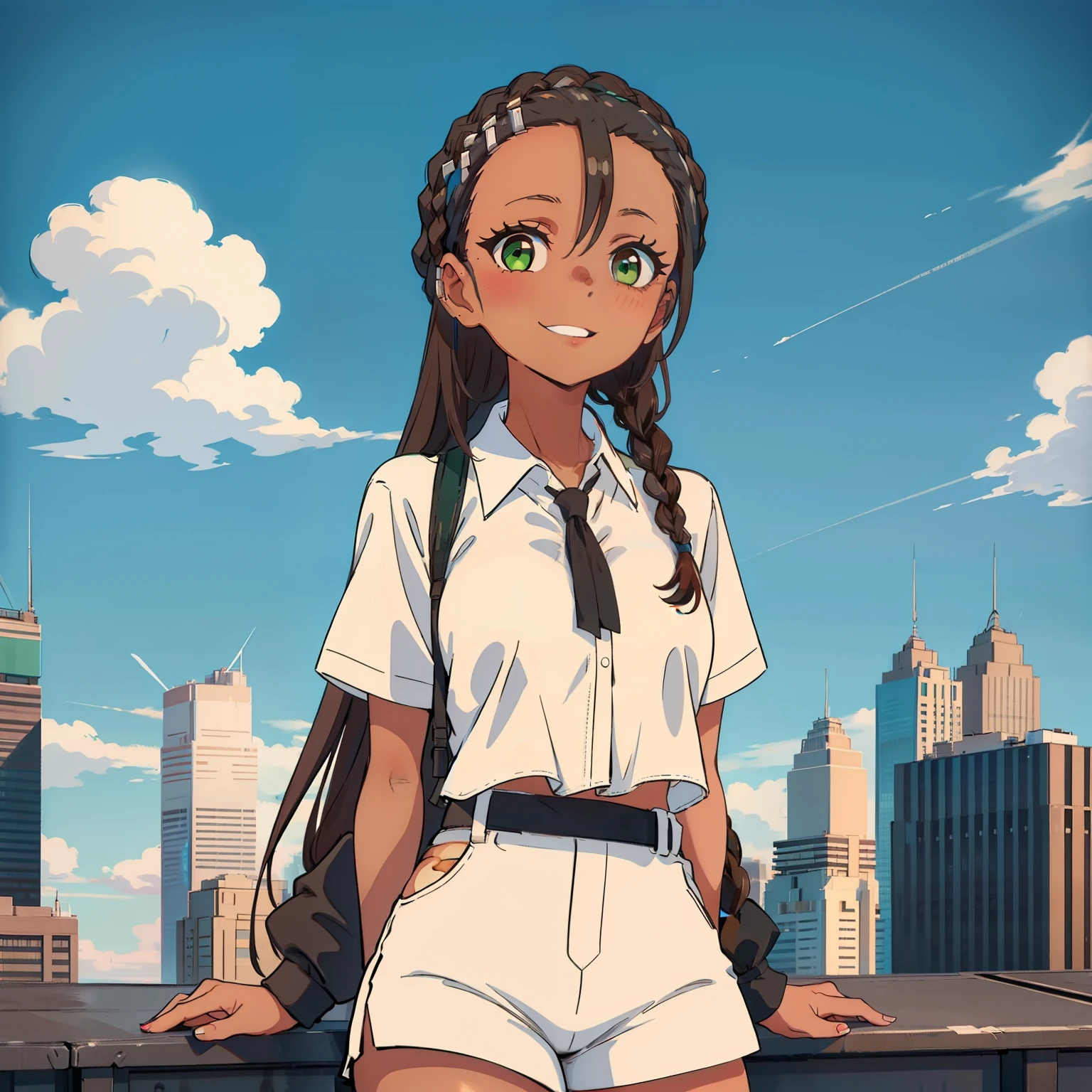 Girl with black skin, braided brown hair, green eyes, smiling, white shorts, black strap blouse, on a rooftop, nyc skyline in the background, blue skies big clouds. Box braids