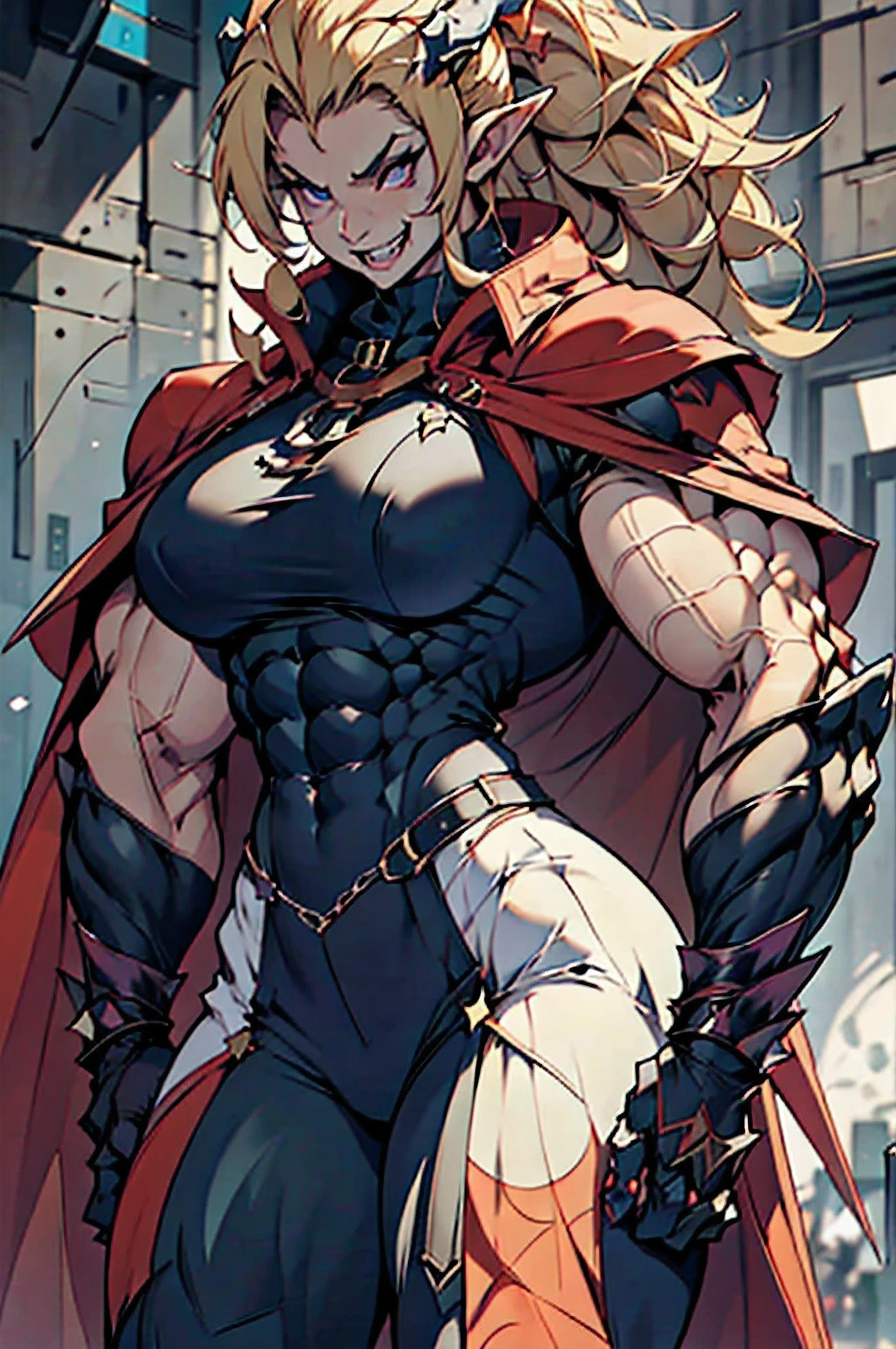 An elf woman with white, tanned skin and a muscular, voluptuous, heroic physique, sharp teeth like fangs, dragon horns, with incandescent eyes, blonde hair, rock star makeup, wearing very heavy gauntlets with claws, outfit villain purple, cape and laughing a lot, she has a dragon tail,  war tattoos. Drawing art