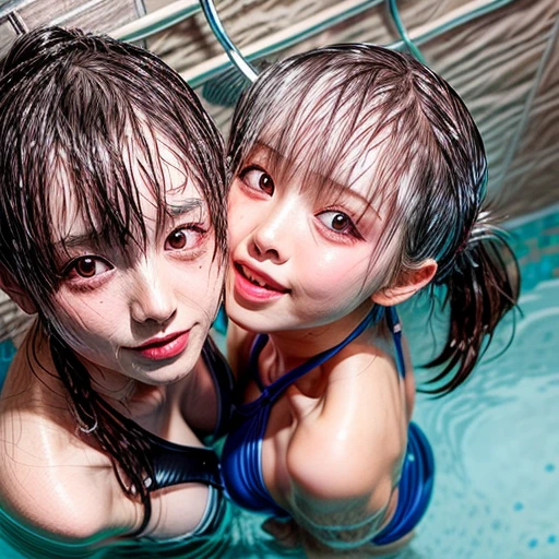 NSFW, (Snapshot of girls kissing face to face in an open shower room by the pool), Braid hair, With bangs, (School Swimwear), the body is covered with juice, White LiquidSoap, Sweating, be sweaty, Wet pearl skin, ((Wet swimsuit)), Perfect Lighting, Clear Focus, (bokeH:1.4), Roundly butts, { (Shower Water:1.6) | (Gigantic  Overflowing sideboob) | Butt cruck | (from above:1.4) }, hidden hands BREAK (NOGIZAKA girls)  ((Extremely Detailed very KAWAII face variations)), perfect anatomy, Childish, captivating gaze, elaborate detailed Eyes with (sparkling highlights:1.2), long eyelashes、Glossy RED Lips with beautiful details, Coquettish tongue, Rosy cheeks . { (Dynamic joyful expressions) | (:d) }, (no large eyes) . (close-up:1.28), Assfocus (Don't look back)