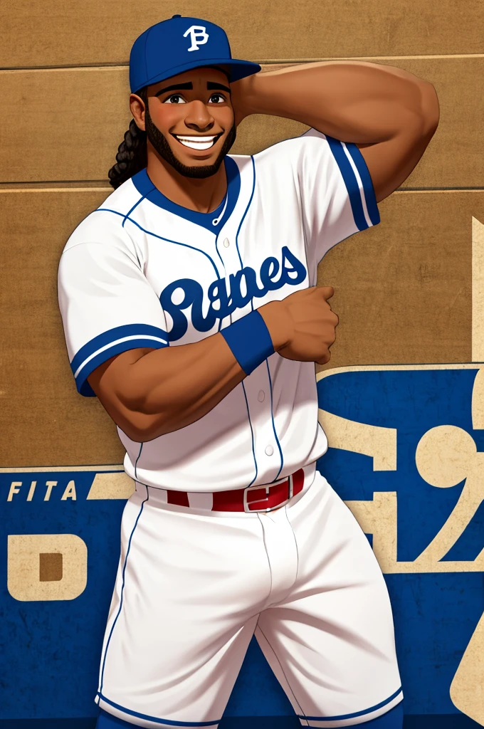 Um rapaz, cabelo moreno, forte, boné de baseball, uniforme de baseball, segurando um taco de baseball, sorriso timido, melhor qualidade, obra de arte, embarrassed reaction, pele clara