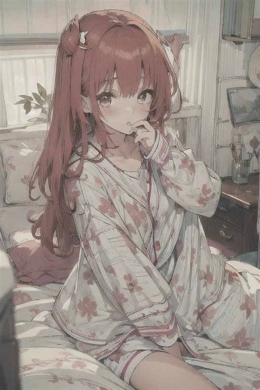 1 girl, Redhead, Facial hair, Red eyes, 8k, masterpiece, sexy、Bedroom、pajamas、erotic、Private Server、High Contrast、cute、Sleepy face、