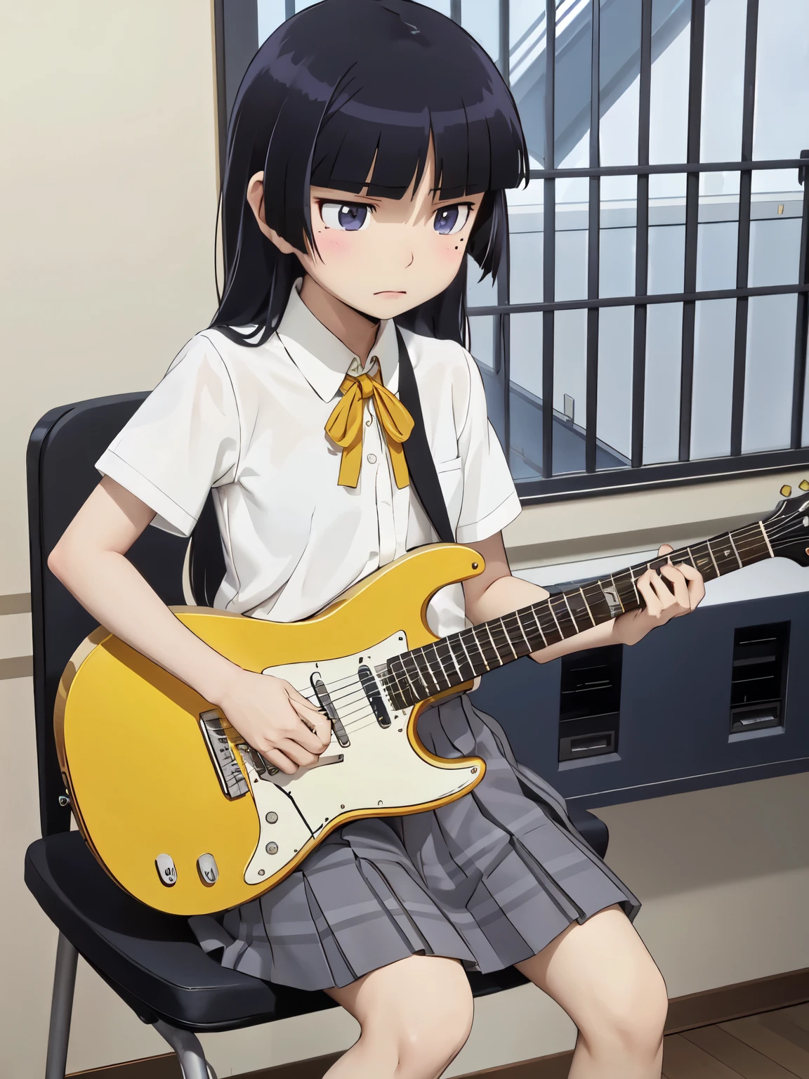 Guitarist playing electric guitar in the school music room。Sitting on a chair and playing。,
(gokou ruri), Mole, Mole under eye, girl, (alone), , Black socks, Short sleeve,  Grey Skirt, Hime cut, push into, Collared shirt, Yellow ribbon, blue eyes, Plain clothing