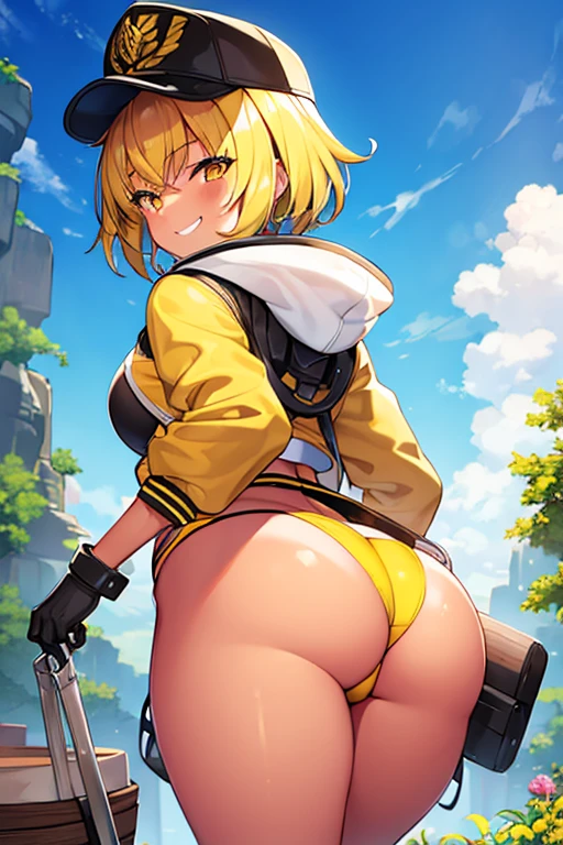 1girl, tan skin, tan, tan-skinned female, from behind, ass, ass focus, thong, panties, jacket, smile, smirk, smug, breasts, huge ass, thick thighs, mature female, black hair, very short hair, yellow eyes, forest, black jacket, hooded jacket, belt, military hat, cap gloves, yellow inner hair, ((yellow inner hair))