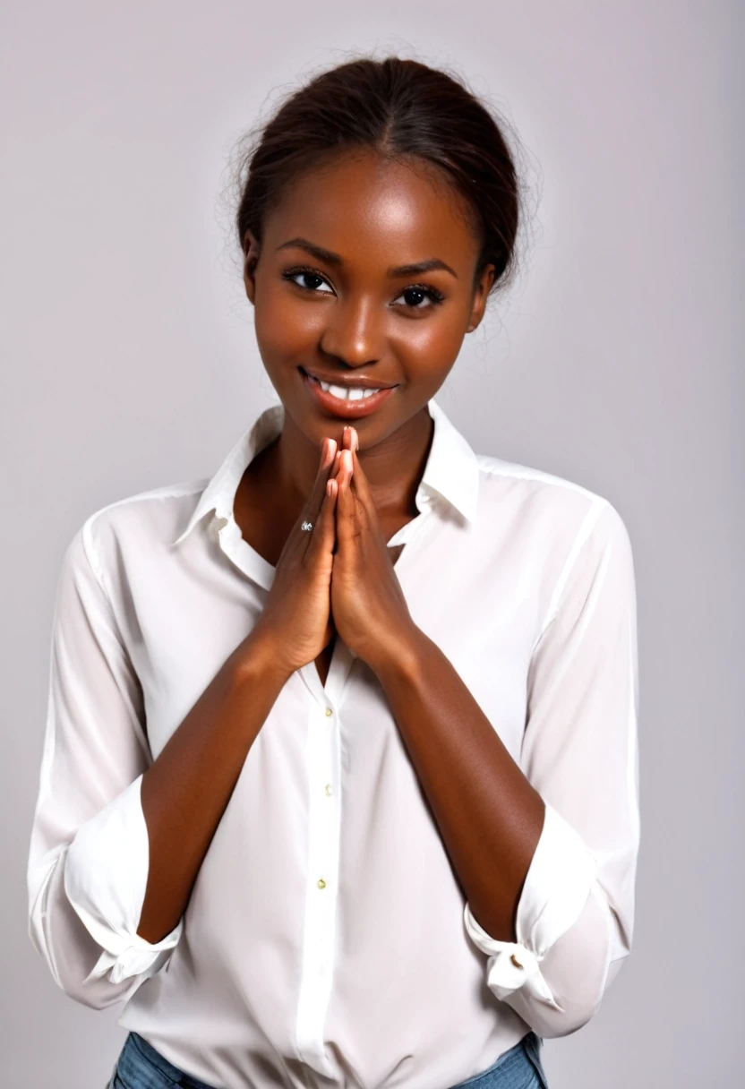 a 25-year-old African woman with brown hair and a white blouse, dark brown skin, African woman, friendly appearance, confident appearance, authentic appearance, stunning beauty, stunning face, attrative appearance, she should stand up straight, her hands should be visible