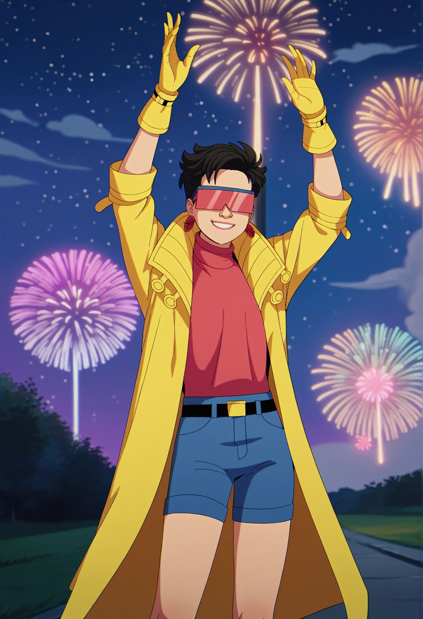 score_9, score_8_up, score_7_up, 1girl, solo, clamJBLee97, cJlumikinetics, cJsunglasses, yellow coat, yellow gloves, pink shirt, turtleneck, blue shorts, belt, earrings, smile, standing, arms outstretched, sky, night, star \(sky\), night sky,  fireworks, bokeh 