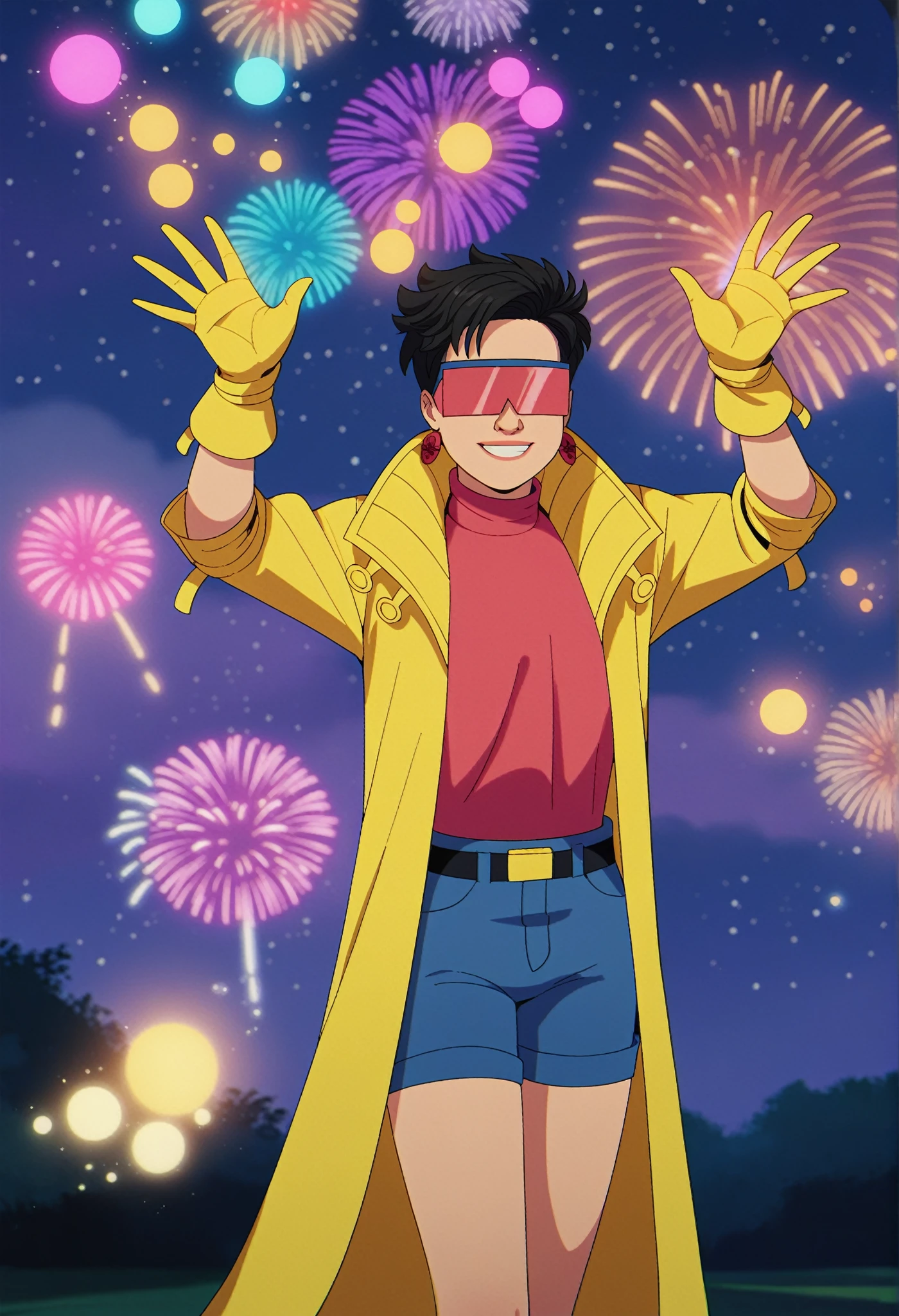 score_9, score_8_up, score_7_up, 1girl, solo, clamJBLee97, cJlumikinetics, cJsunglasses, yellow coat, yellow gloves, pink shirt, turtleneck, blue shorts, belt, earrings, smile, standing, arms outstretched, sky, night, star \(sky\), night sky,  fireworks, bokeh 