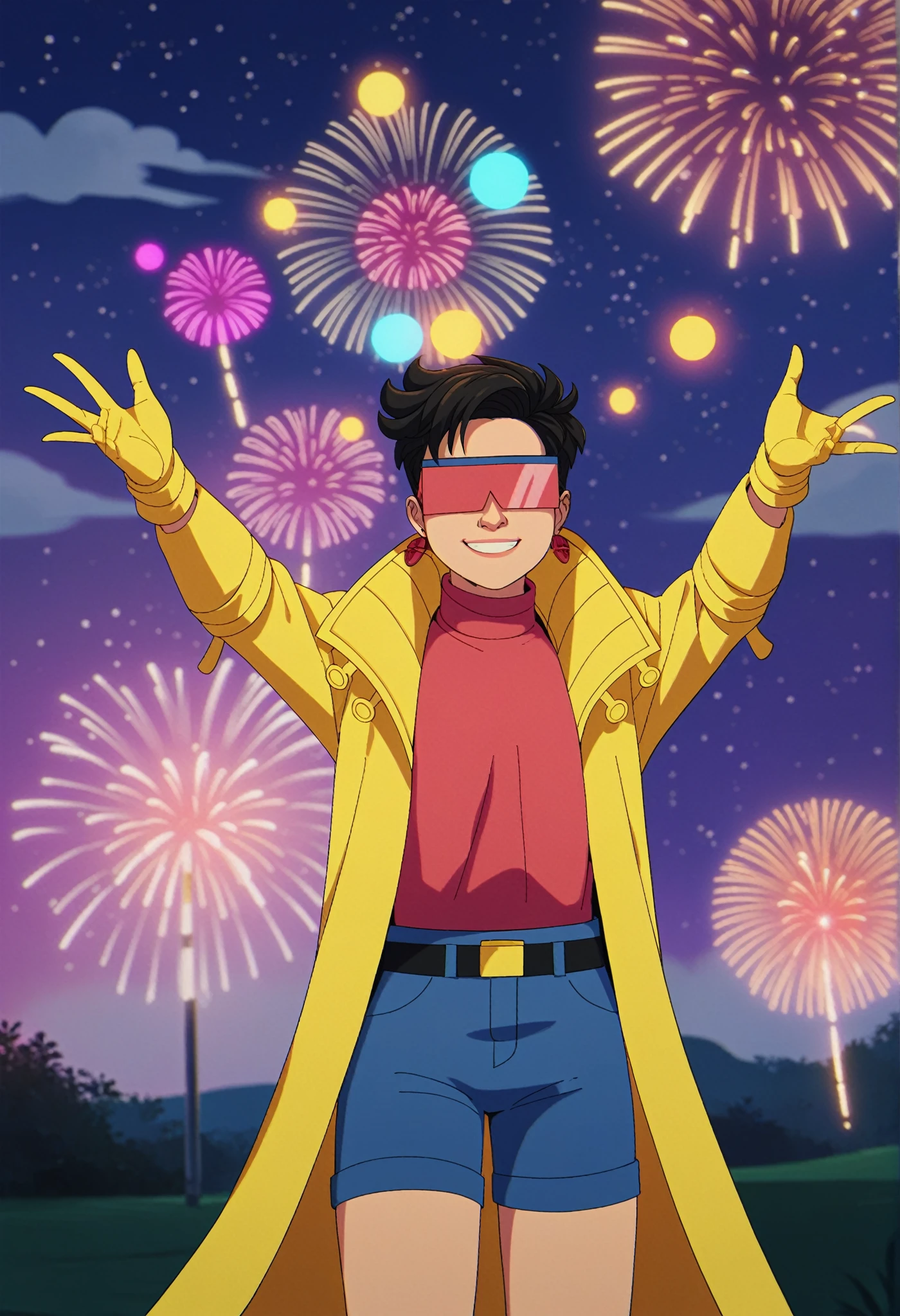 score_9, score_8_up, score_7_up, 1girl, solo, clamJBLee97, cJlumikinetics, cJsunglasses, yellow coat, yellow gloves, pink shirt, turtleneck, blue shorts, belt, earrings, smile, standing, arms outstretched, sky, night, star \(sky\), night sky,  fireworks, bokeh 