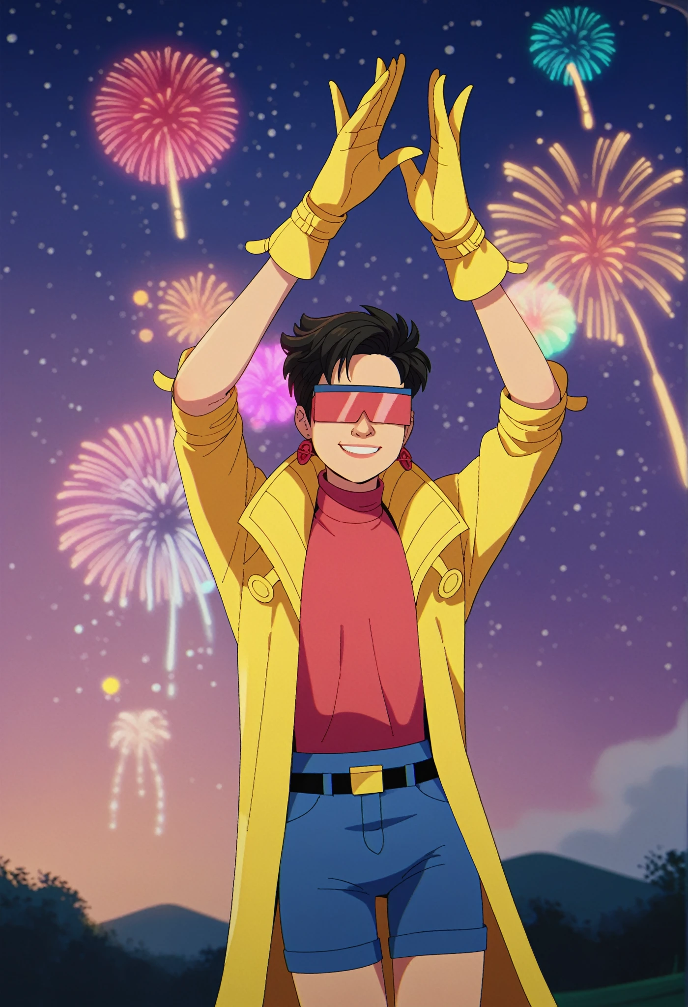 score_9, score_8_up, score_7_up, 1girl, solo, clamJBLee97, cJlumikinetics, cJsunglasses, yellow coat, yellow gloves, pink shirt, turtleneck, blue shorts, belt, earrings, smile, standing, arms outstretched, sky, night, star \(sky\), night sky,  fireworks, bokeh 