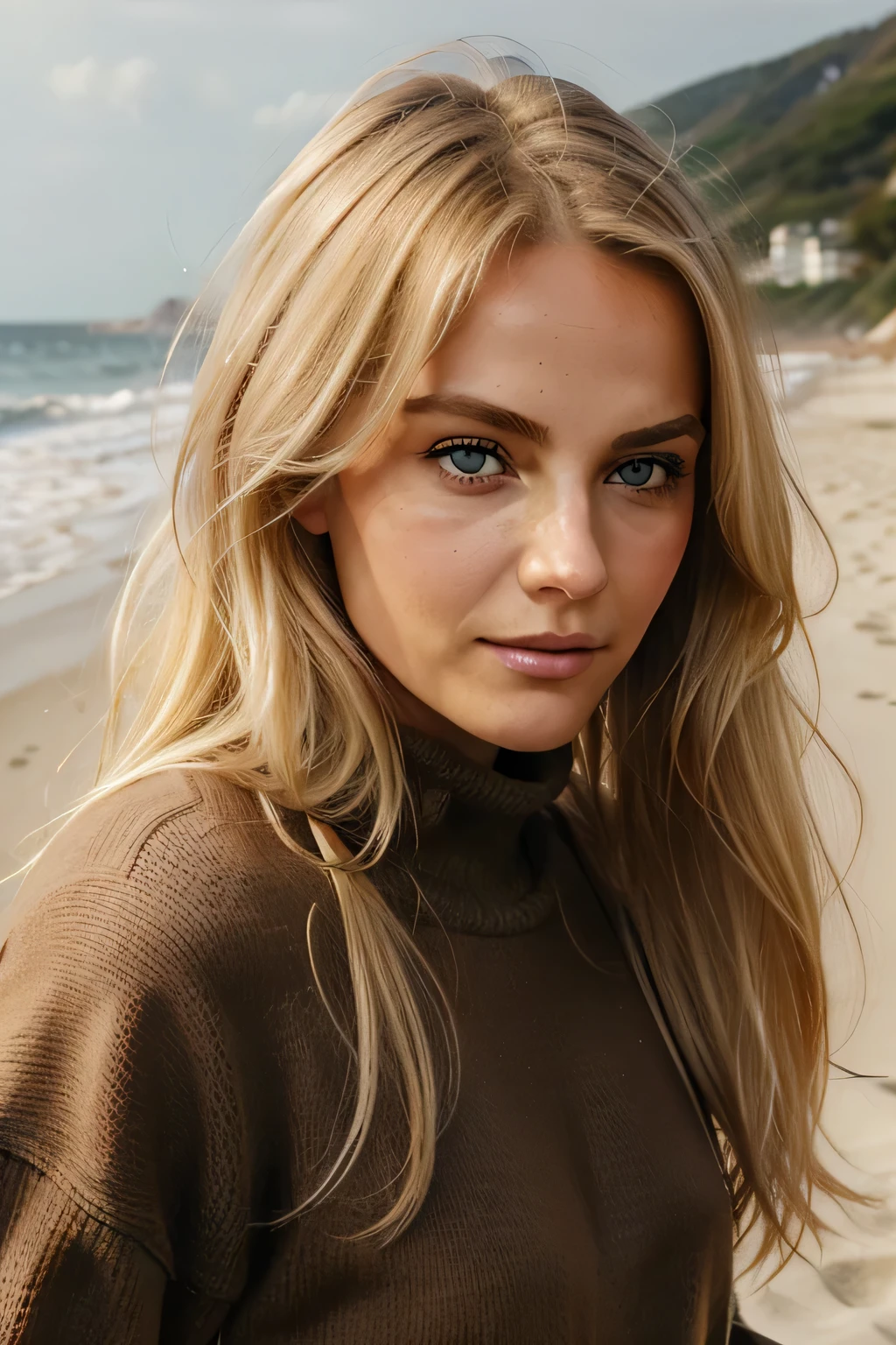 Frau 21 Jahre alt, nur, Lange Haare, Medium-sized , Blick auf den Betrachter, blondes Haar, nackte Schultern, braune Augen, Schmuck, hole body, Halskette, schulterfrei, pullover, Lippen, realistisch, Nase, Flirten mit der Kamera, am strand