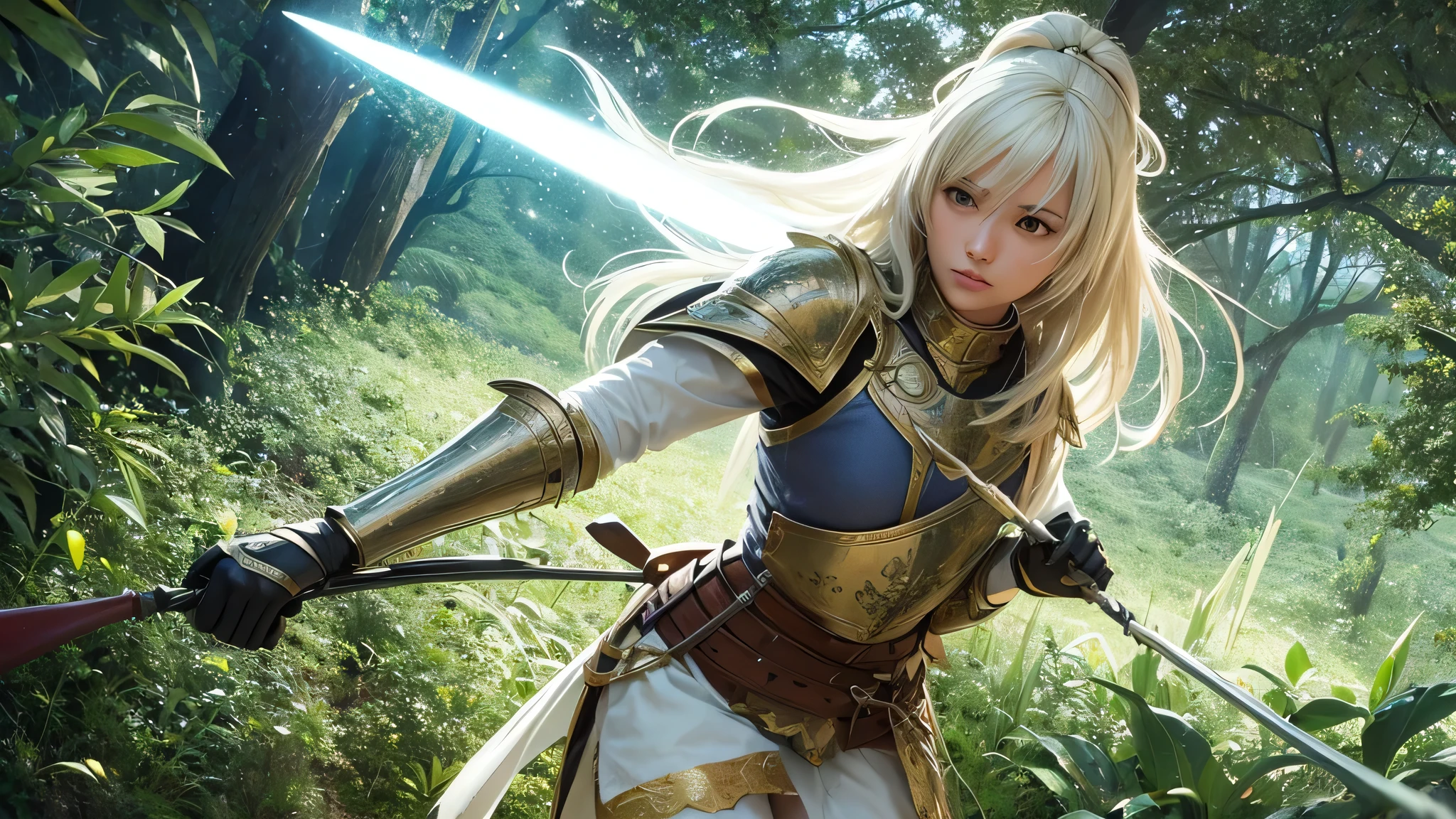 Knight with spear, em uma floresta sombria a noite