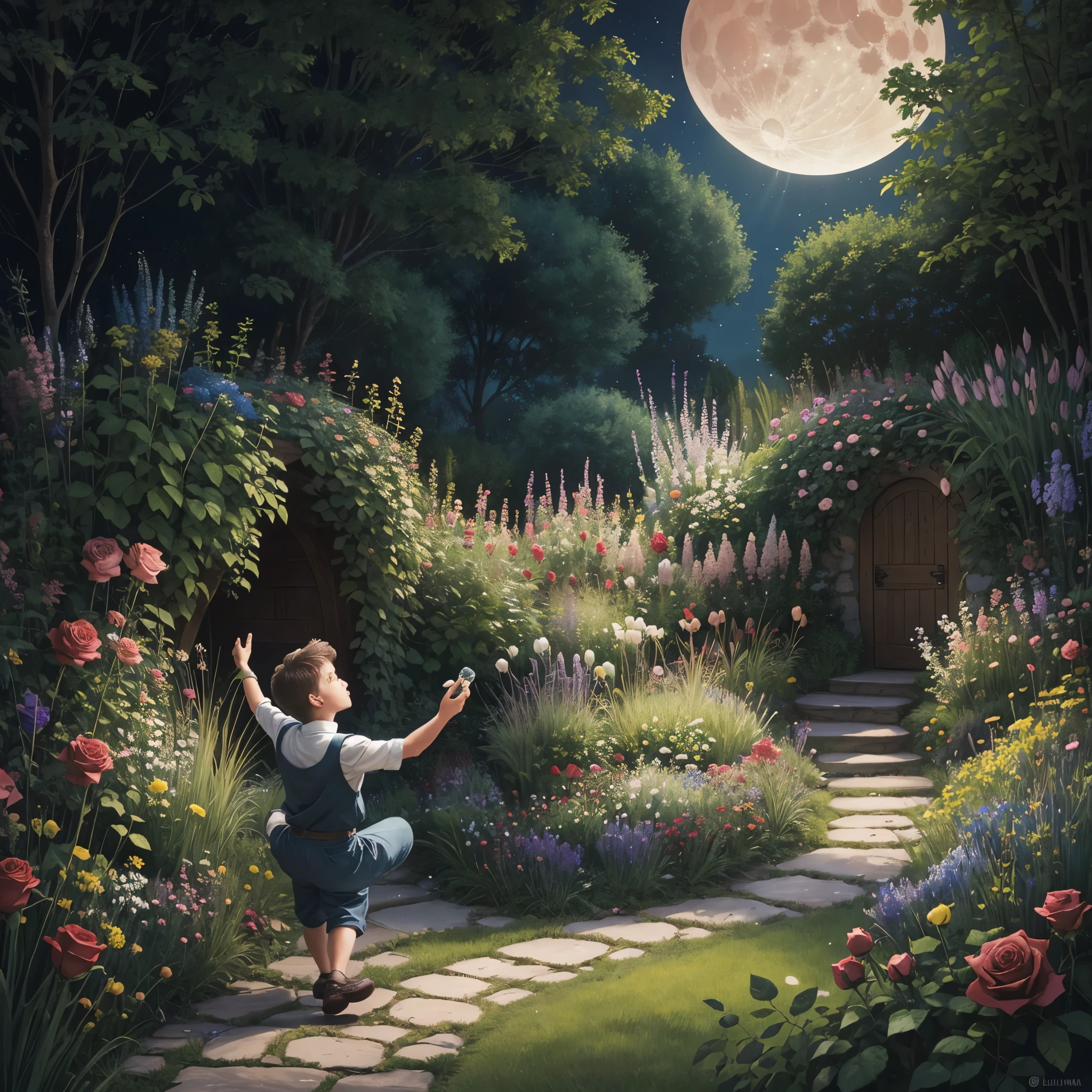 Colorful detailed drawing, a fairy garden on a summer night, on a path between tall grasses and a bunch of luxurious roses a small round funny man is dancing with a bottle in his raised hand, he has his head up towards the huge moon that shines at the top of the drawing. Bluish and greenish, man lit with warm shine.