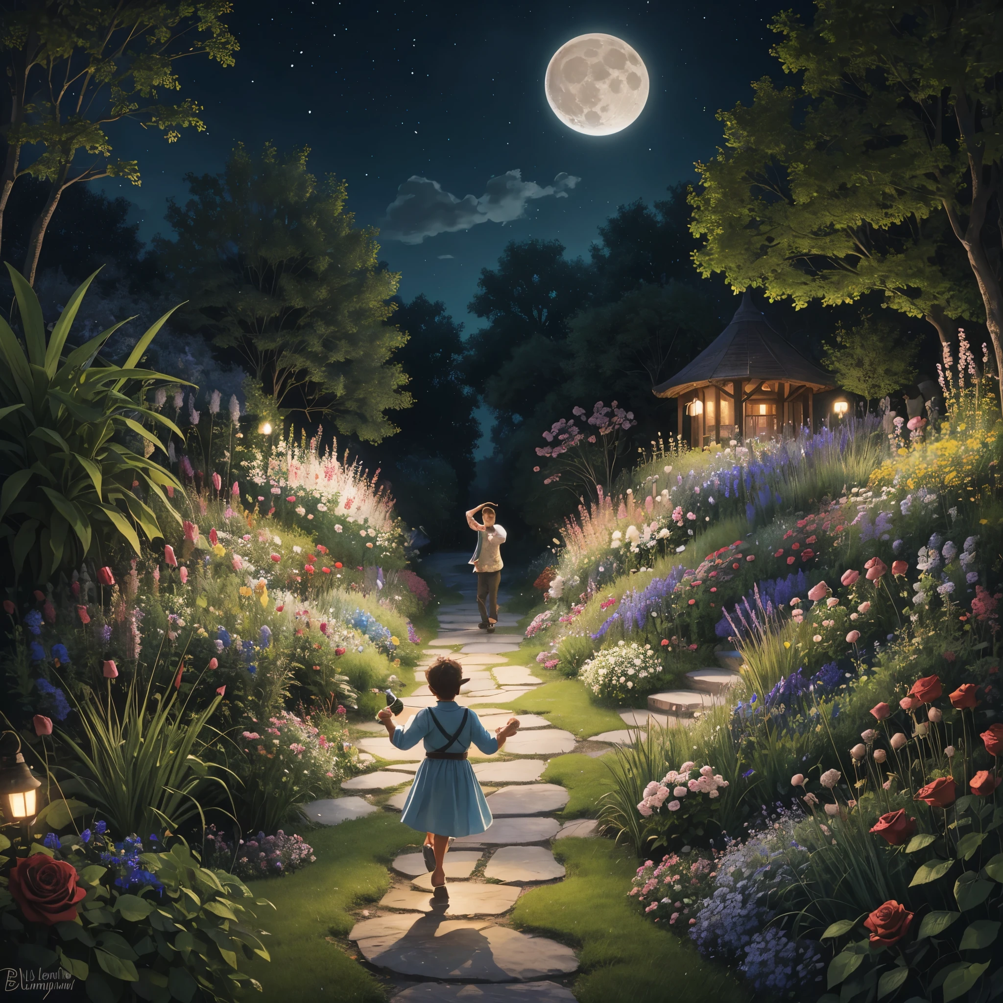 Colorful detailed drawing, a fairy garden on a summer night, on a path between tall grasses and a bunch of luxurious roses a small round funny man is dancing with a bottle in his raised hand, he has his head up towards the huge moon that shines at the top of the drawing. Bluish and greenish, man lit with warm shine.