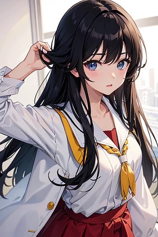masterpiece, highest quality, High resolution,Follow the prompts、Anime Style、cute、play with hair、High school girls、Japanese、Long Black Hair