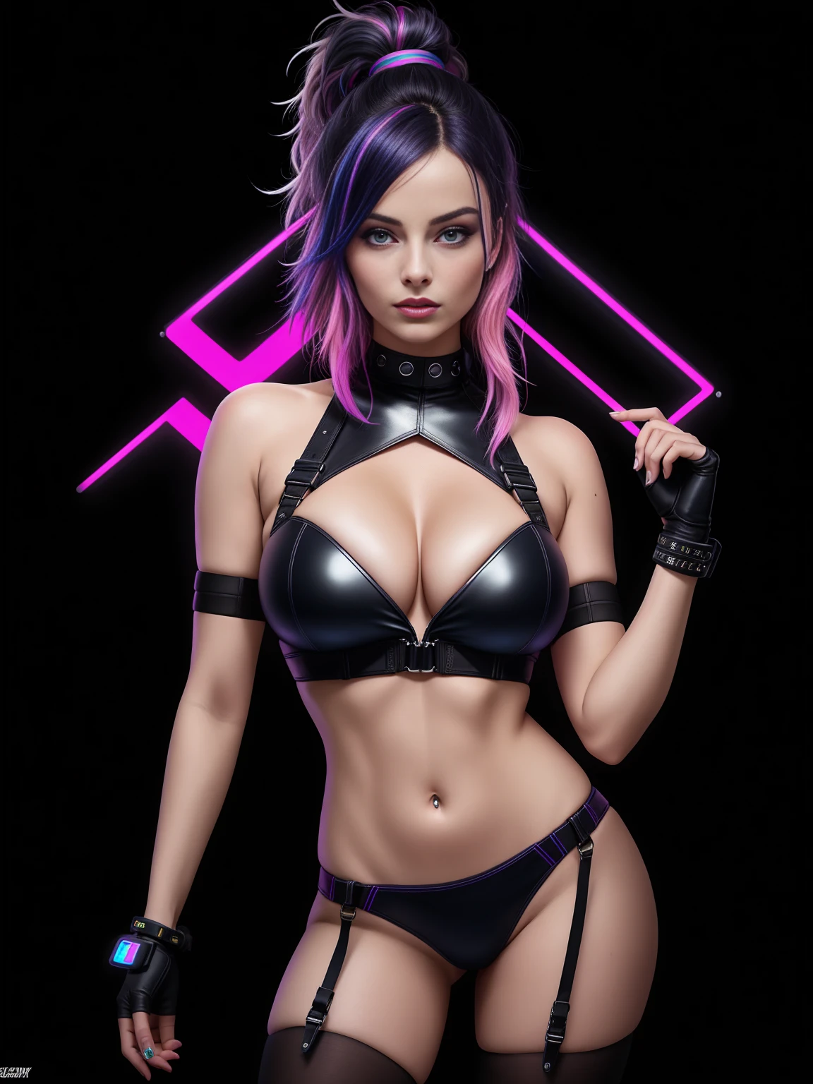 there is Margot Robbie, navy blue and bright purple neon streaked hair, hair in pony tail, 3 d neon art of a womans body, neon-noir background, cyberpunk femme fatale, seductive cyberpunk dark fantasy, cyberpunk strip clubs, cyberpunk 20 y. o model girl, oppai cyberpunk, banner, high definition cgsociety, cgsociety masterpiece, trending on cgstation, kda, random hair, looking at camera, gigantic breasts, cleavage, (high detailed skin:1.2), 8k uhd, dslr, super lighting, high quality, film grain, high res, highly detailed, hyper realistic, beautiful face, beautiful body, beautiful eyes nose lips, alluring expression, very bold, upper visible, full body photo, standing legs apart, pale translucent glowing skin, most beautiful face, cute, (well defined pubic hair:1.2)), (dark plain black background:1.4))