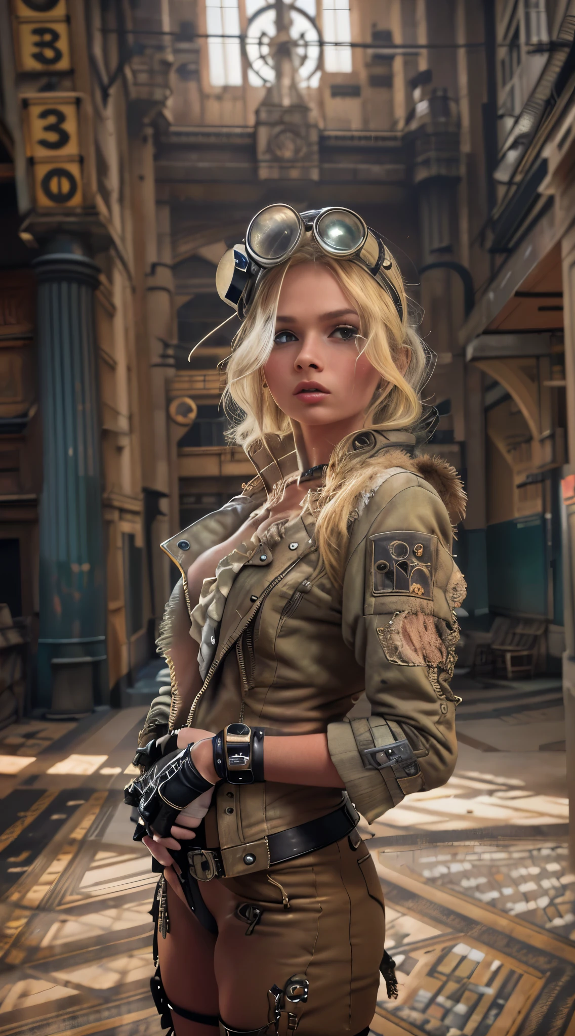 a blonde woman, with dieselpunk clothes, modelshoot style, (extremely detailed CG 8k wallpaper unit), photo of the most beautiful art in the world, majestic professional (photography by Steve McCurry), 8k uhd, dslr, soft lighting, high quality, film grain, Fujifilm XT3 sharp focus, f 5.6, high detail, sharp focus, dramatic, (wearing diselpunk clothing), (looking at the viewer:1.2), (natural light), (seductive)